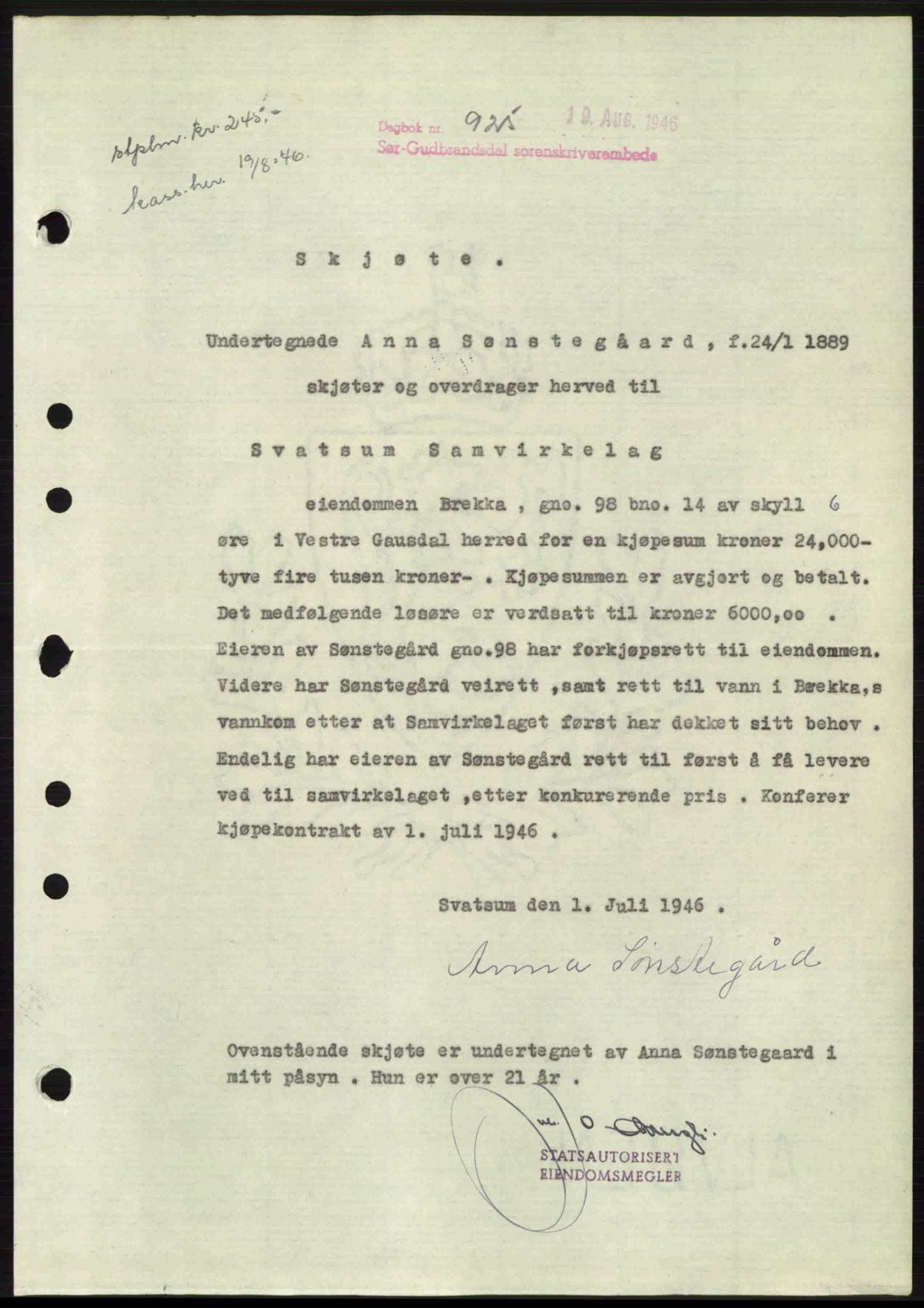 Sør-Gudbrandsdal tingrett, SAH/TING-004/H/Hb/Hbd/L0016: Pantebok nr. A16, 1946-1946, Dagboknr: 925/1946