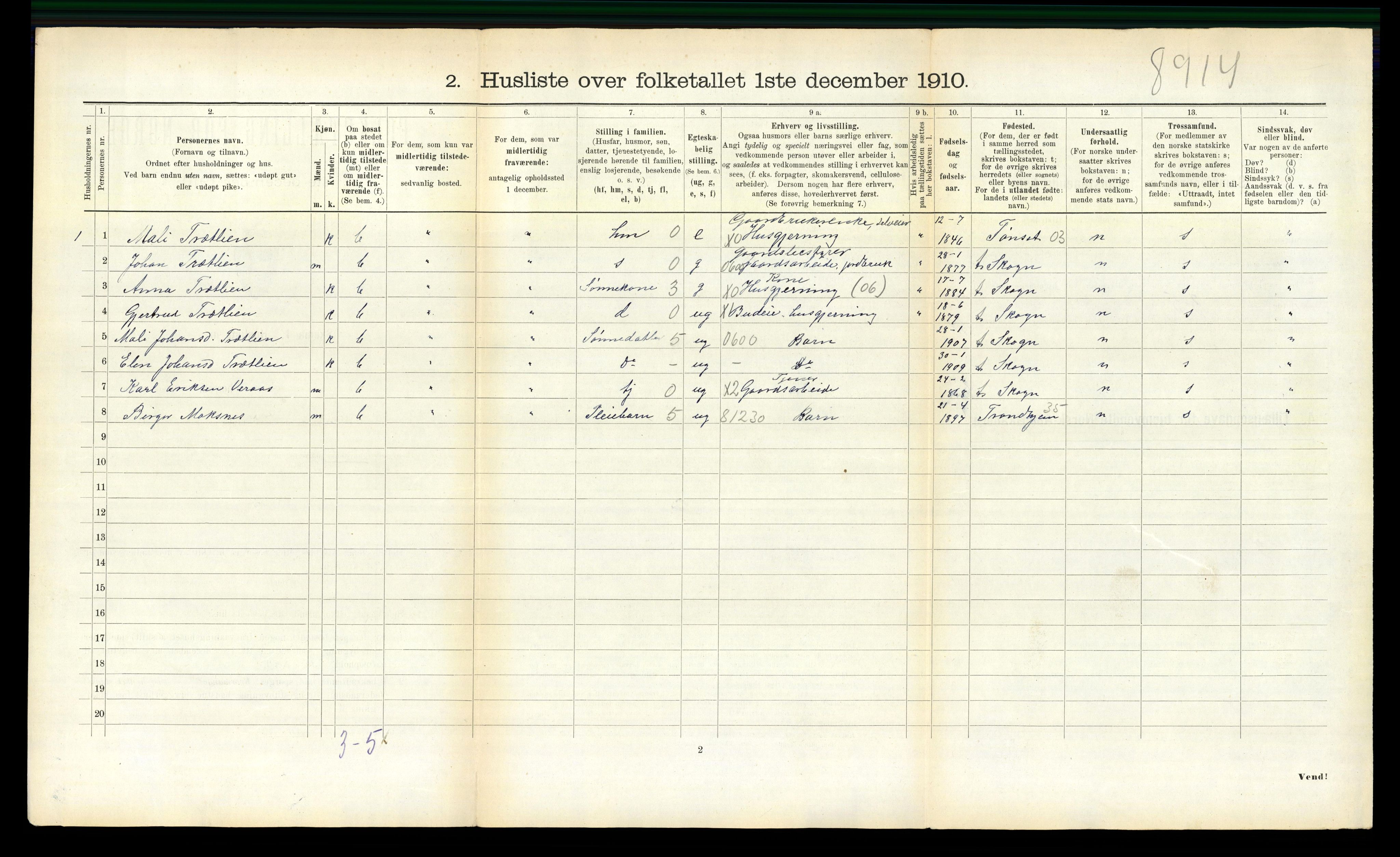 RA, Folketelling 1910 for 1719 Skogn herred, 1910, s. 909