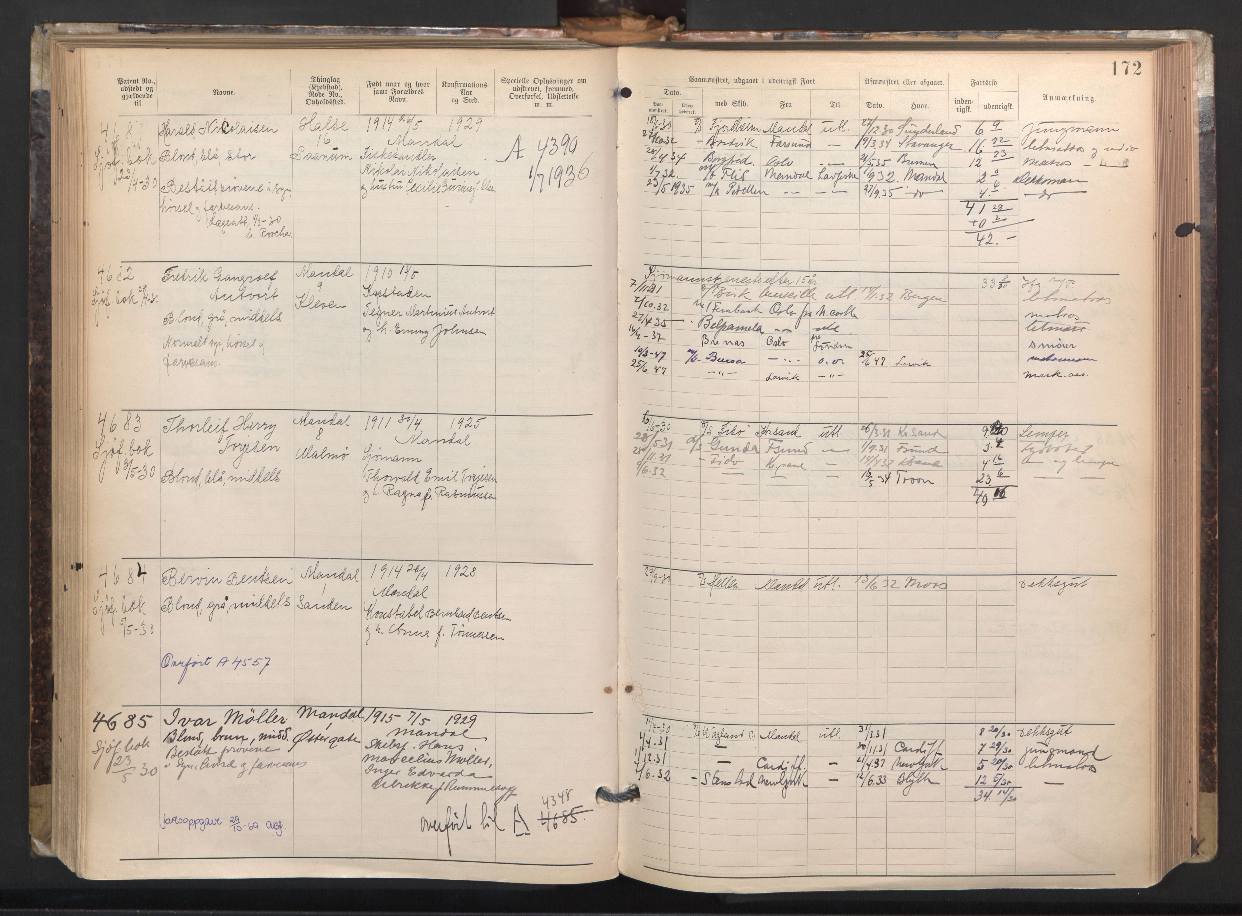 Mandal mønstringskrets, AV/SAK-2031-0016/F/Fa/L0003: Annotasjonsrulle nr 3831-4730 med register, L-5, 1900-1948, s. 197
