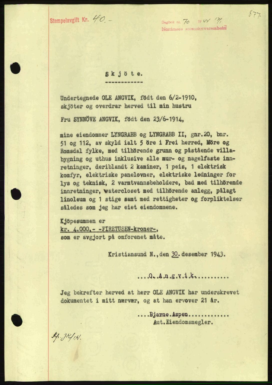 Nordmøre sorenskriveri, SAT/A-4132/1/2/2Ca: Pantebok nr. A96, 1943-1944, Dagboknr: 70/1944