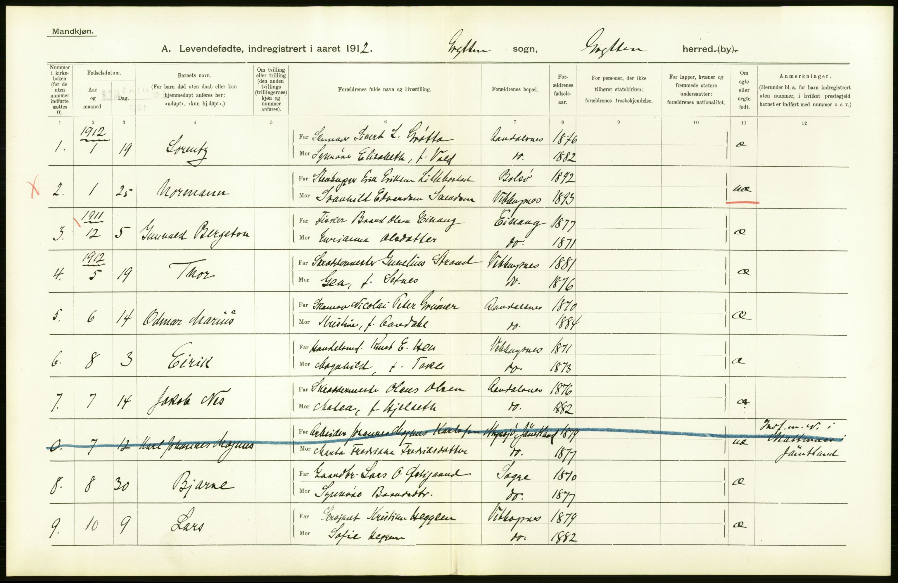 Statistisk sentralbyrå, Sosiodemografiske emner, Befolkning, AV/RA-S-2228/D/Df/Dfb/Dfbb/L0037: Romsdals amt: Levendefødte menn og kvinner. Bygder., 1912, s. 48