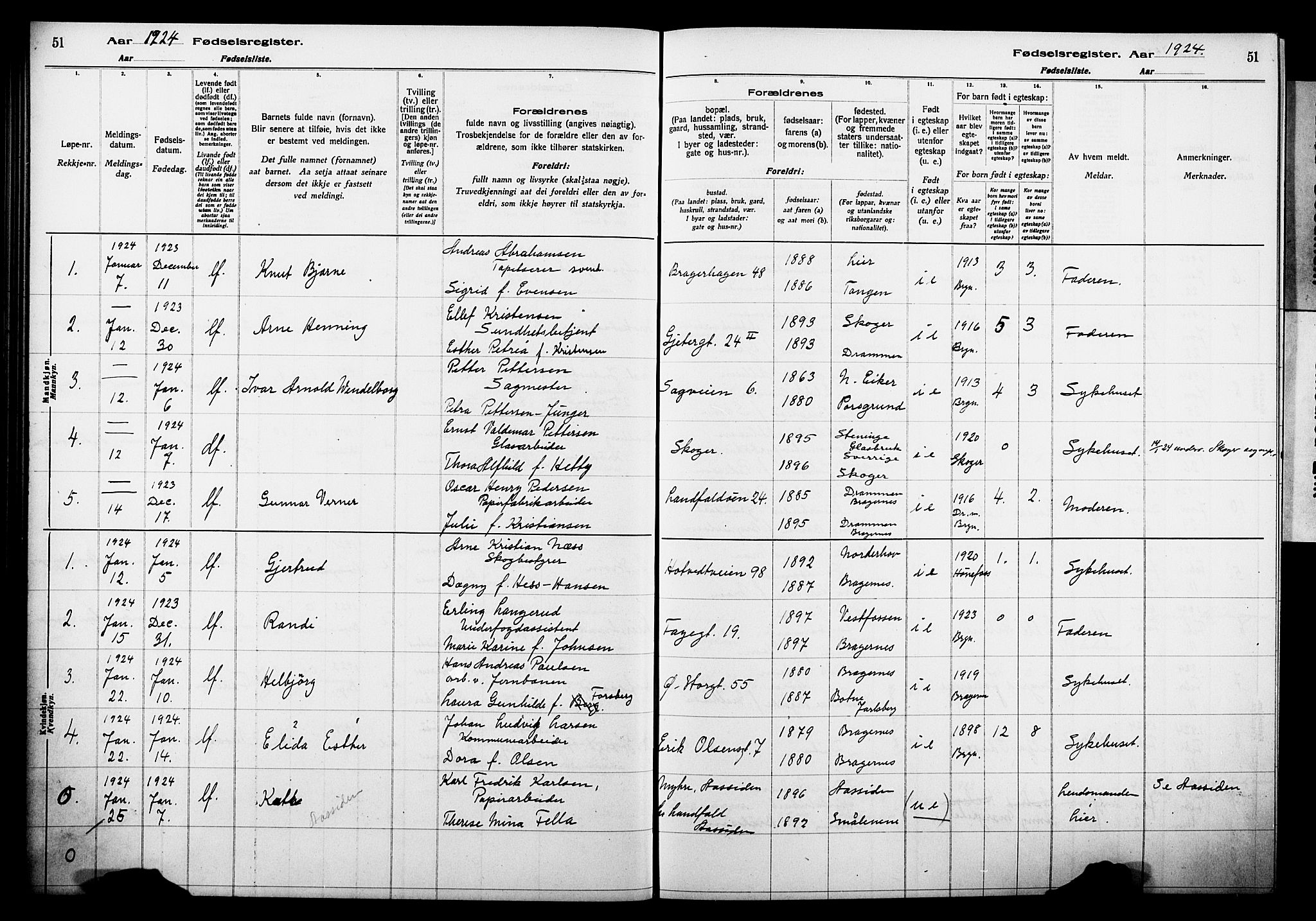 Bragernes kirkebøker, AV/SAKO-A-6/J/Ja/L0002: Fødselsregister nr. 2, 1922-1930, s. 51