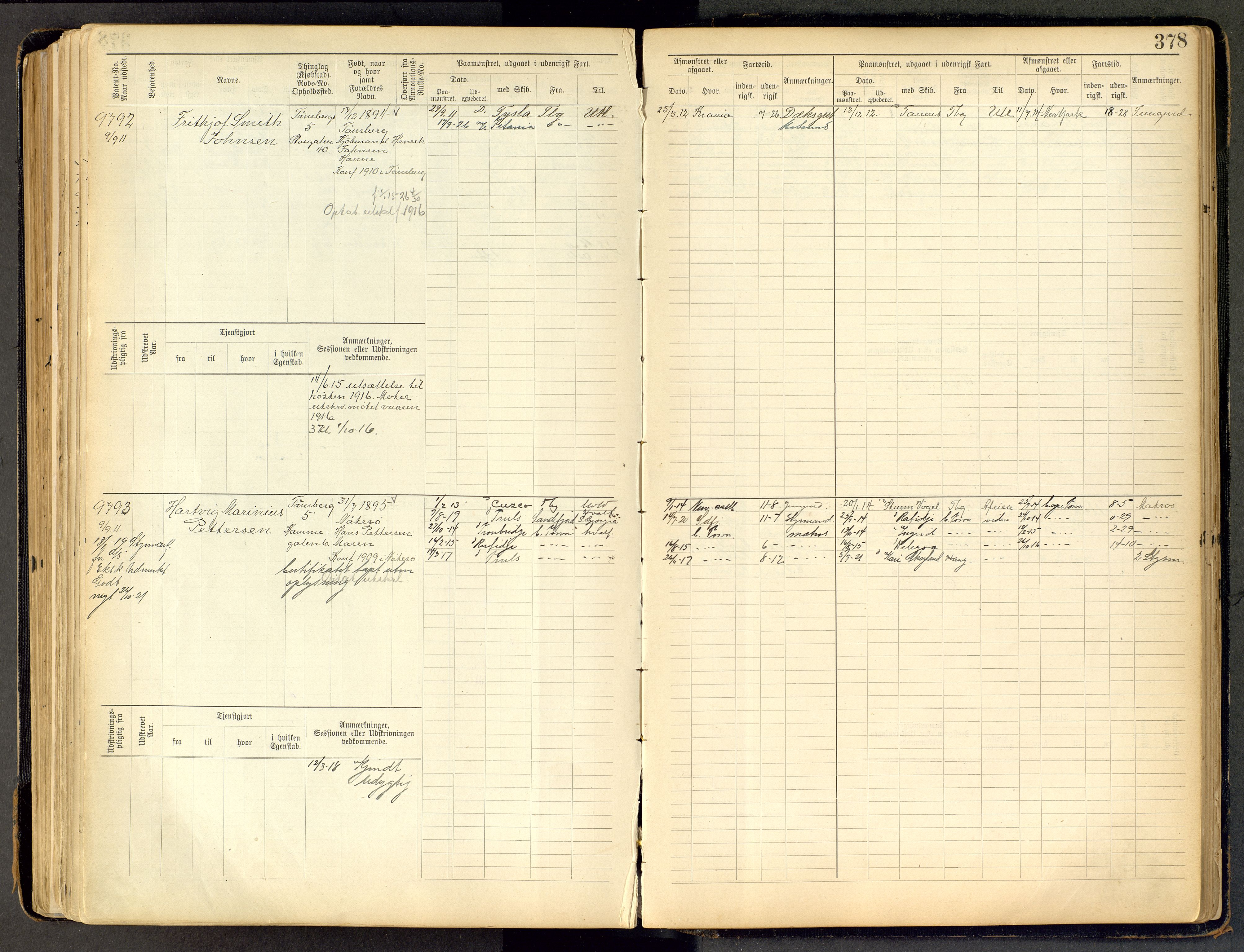 Tønsberg innrulleringskontor, AV/SAKO-A-786/F/Fc/Fca/L0011: Hovedrulle Patent nr. 9038-9992, 1900-1912, s. 378