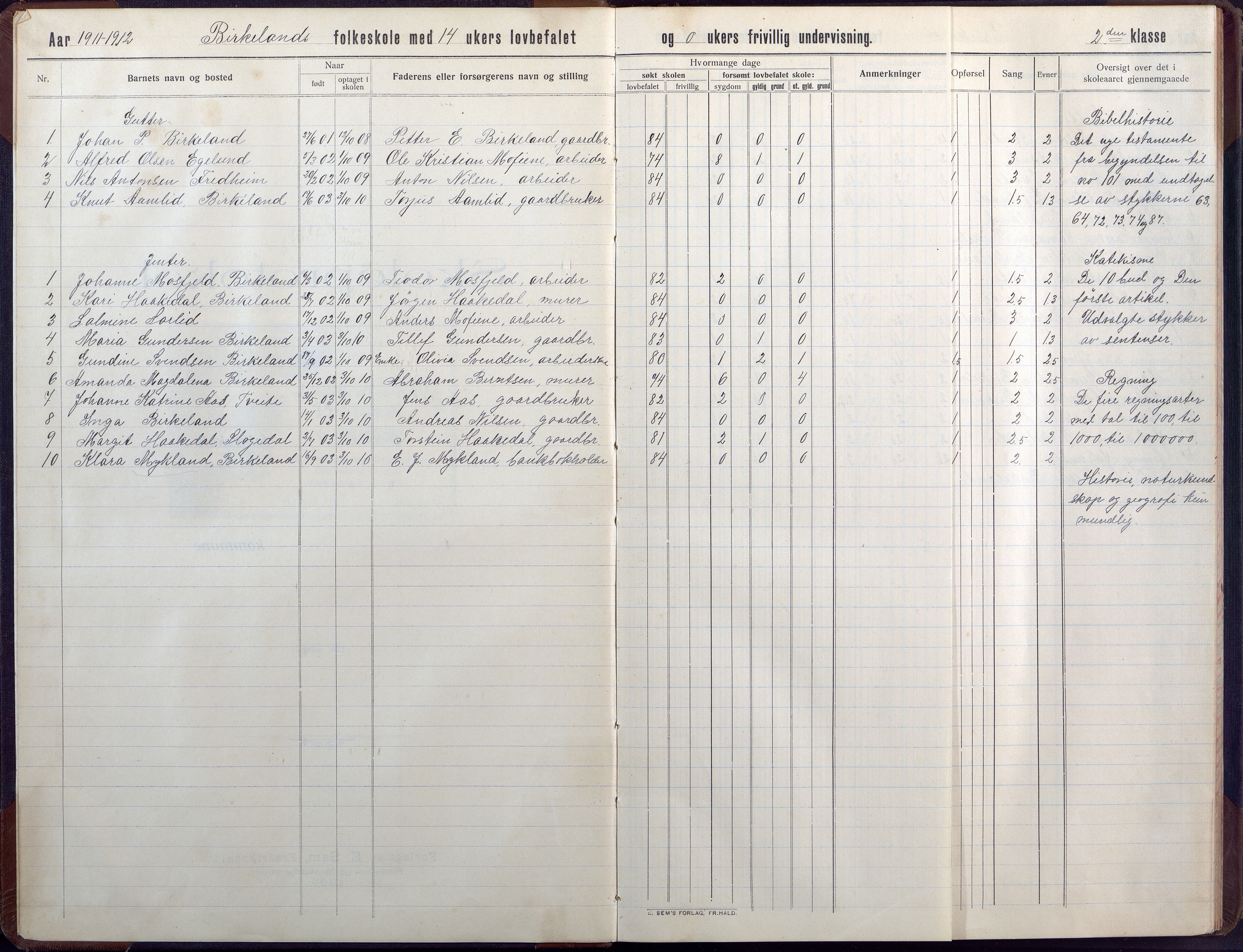 Birkenes kommune, Birkenes krets/Birkeland folkeskole frem til 1991, AAMA/KA0928-550a_91/F02/L0008: Skoleprotokoll, 1911-1930