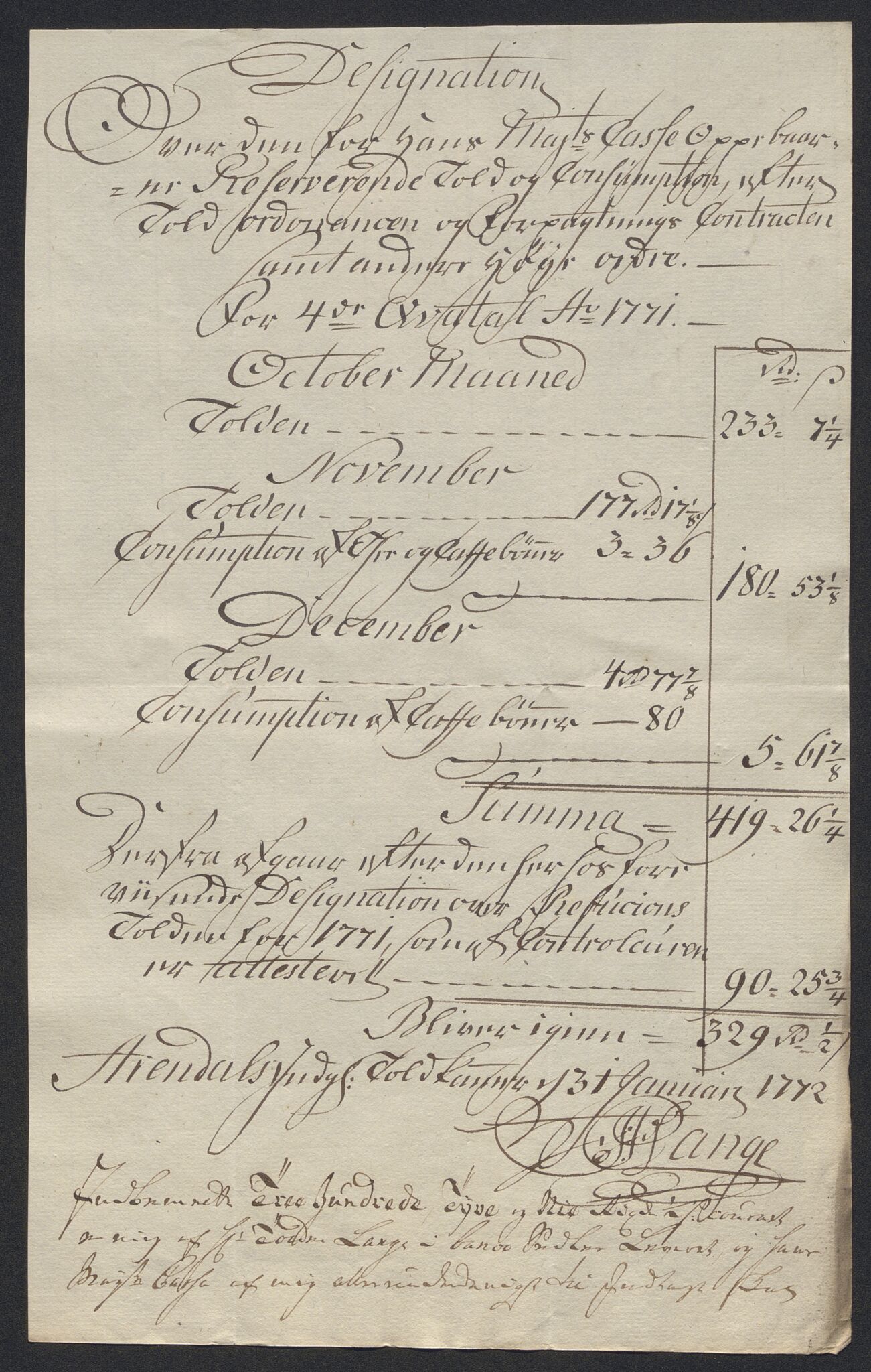 Generaltollkammeret, tollregnskaper, AV/RA-EA-5490/R15/L0070/0003: Tollregnskaper Arendal / Designasjon over inngående tollregnskap, 1771, s. 5
