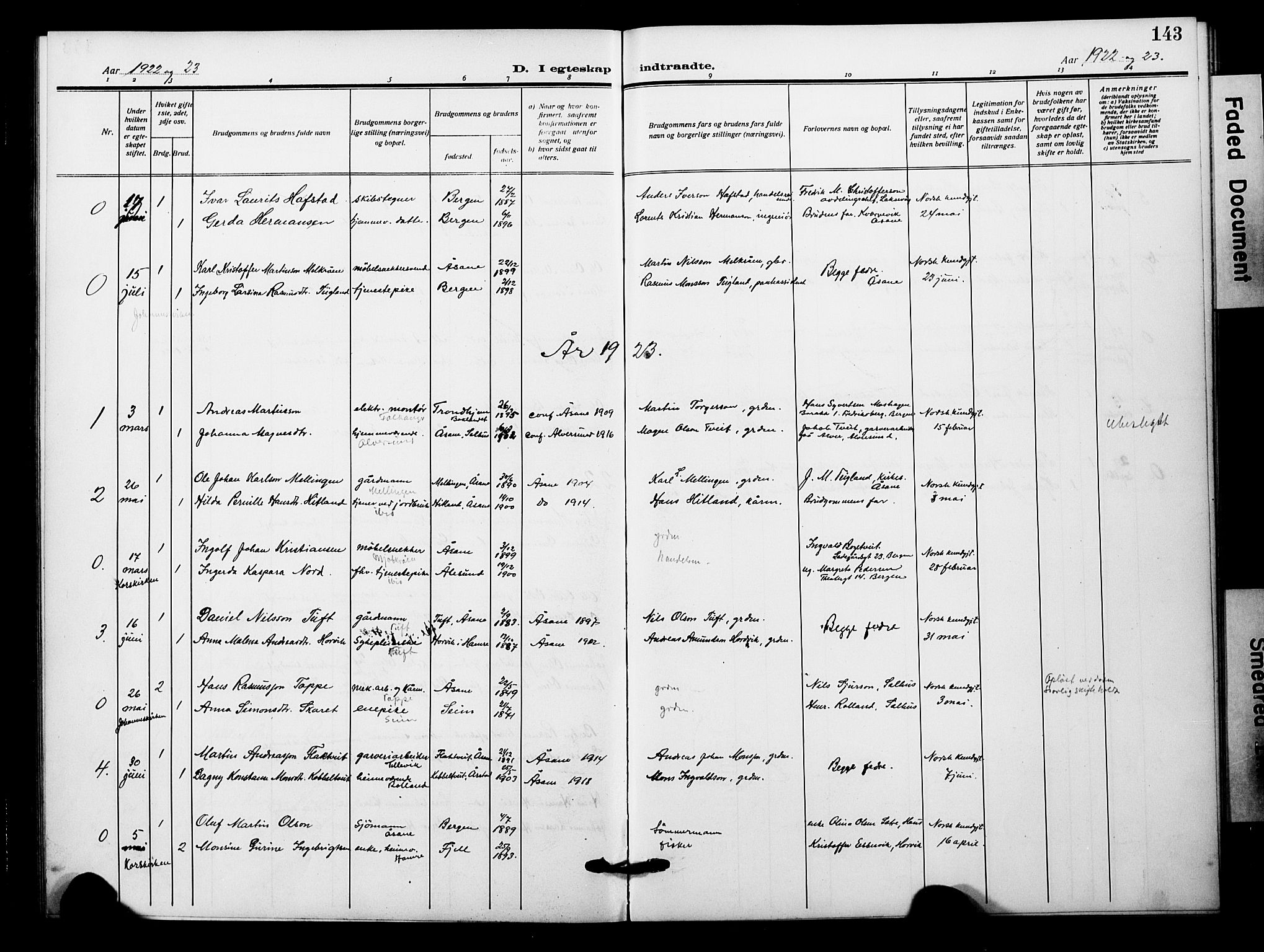 Åsane sokneprestembete, AV/SAB-A-79401/H/Hab: Klokkerbok nr. A 4, 1915-1927, s. 143