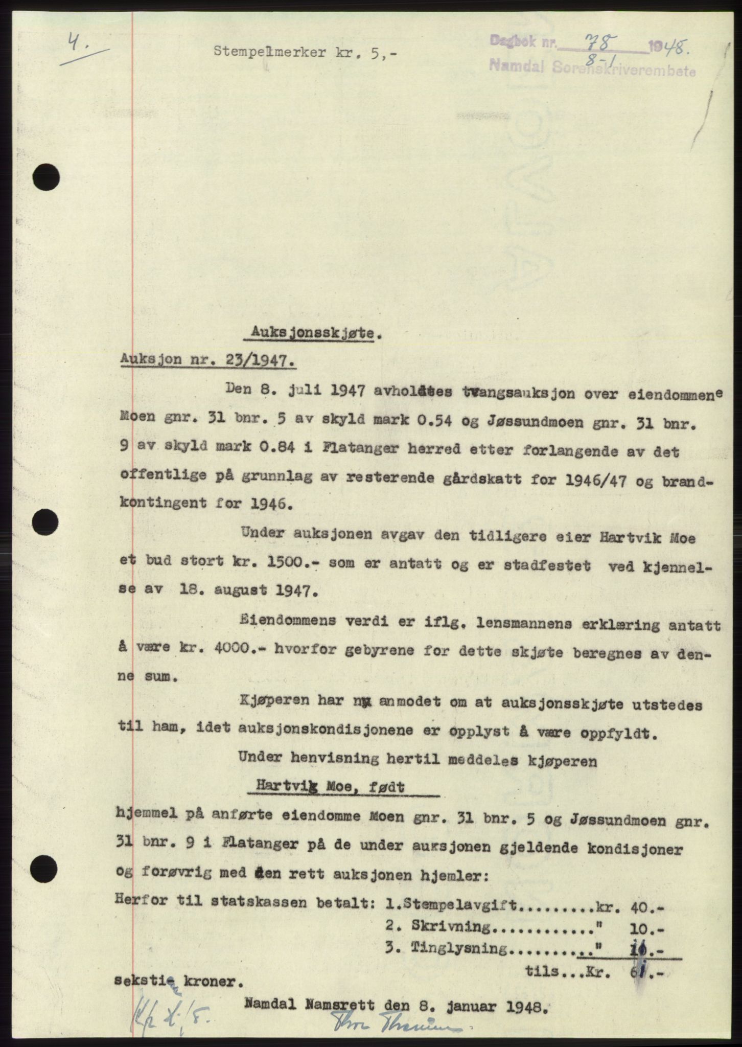 Namdal sorenskriveri, SAT/A-4133/1/2/2C: Pantebok nr. -, 1947-1948, Dagboknr: 78/1948