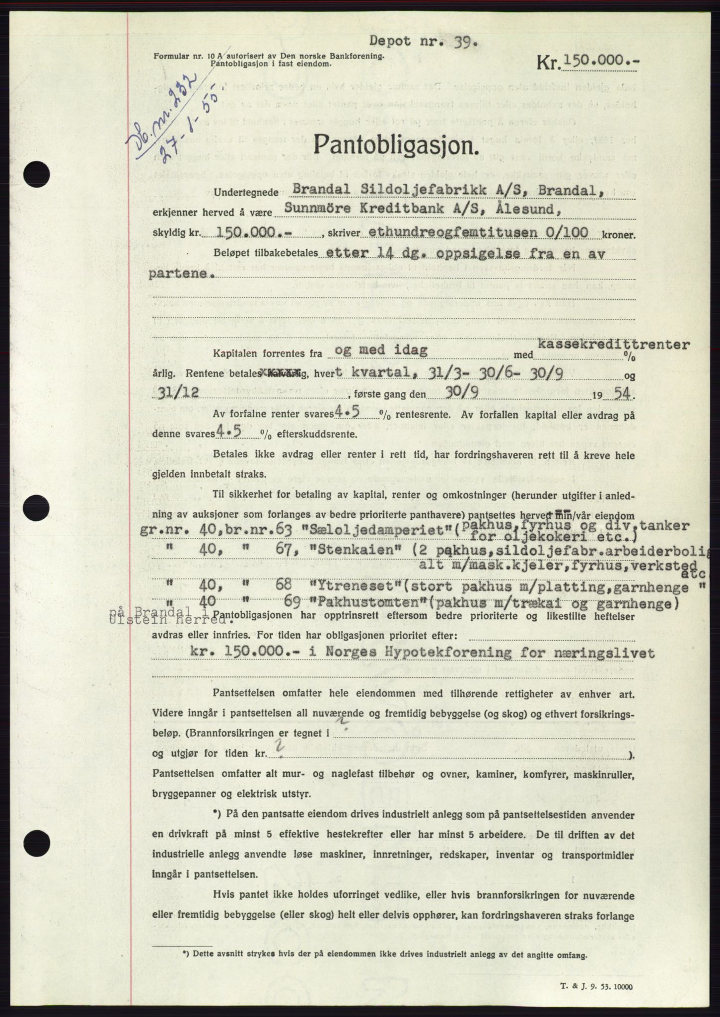 Søre Sunnmøre sorenskriveri, AV/SAT-A-4122/1/2/2C/L0126: Pantebok nr. 14B, 1954-1955, Dagboknr: 232/1955