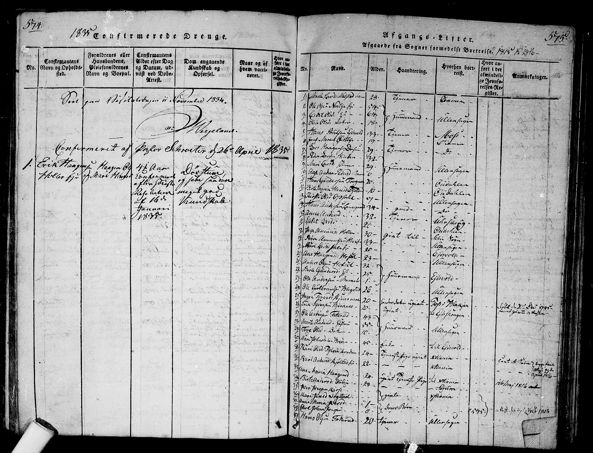 Nes prestekontor Kirkebøker, AV/SAO-A-10410/G/Ga/L0001: Klokkerbok nr. I 1, 1815-1835, s. 574-575