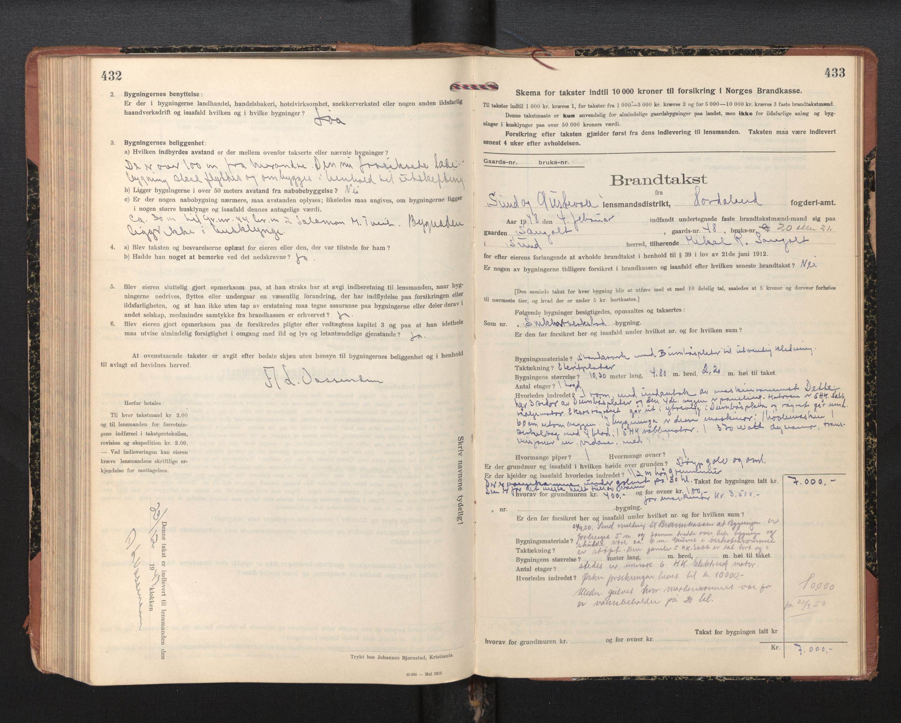 Lensmannen i Sund og Austevoll, SAB/A-35201/0012/L0004: Branntakstprotokoll, skjematakst, 1917-1949, s. 432-433