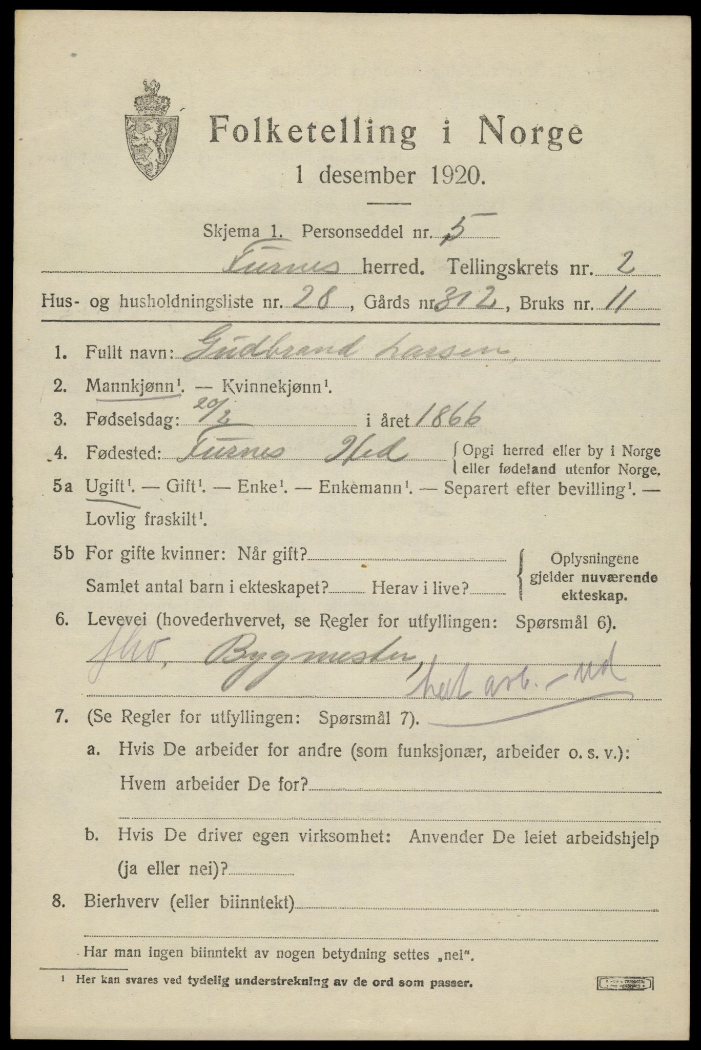 SAH, Folketelling 1920 for 0413 Furnes herred, 1920, s. 3389
