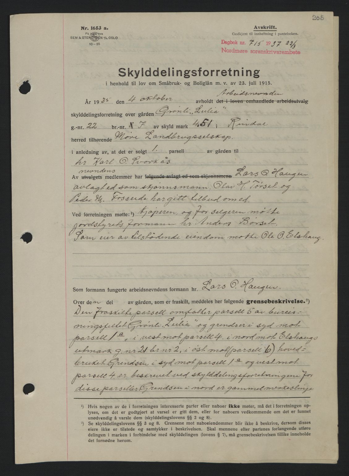 Nordmøre sorenskriveri, SAT/A-4132/1/2/2Ca: Pantebok nr. A81, 1937-1937, Dagboknr: 715/1937