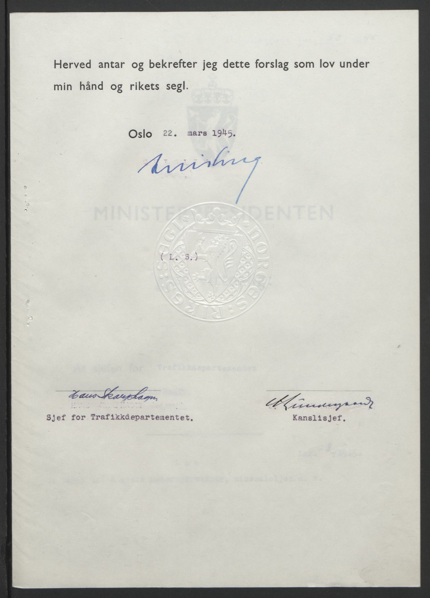 NS-administrasjonen 1940-1945 (Statsrådsekretariatet, de kommisariske statsråder mm), RA/S-4279/D/Db/L0101/0001: -- / Lover og vedtak, 1945, s. 120