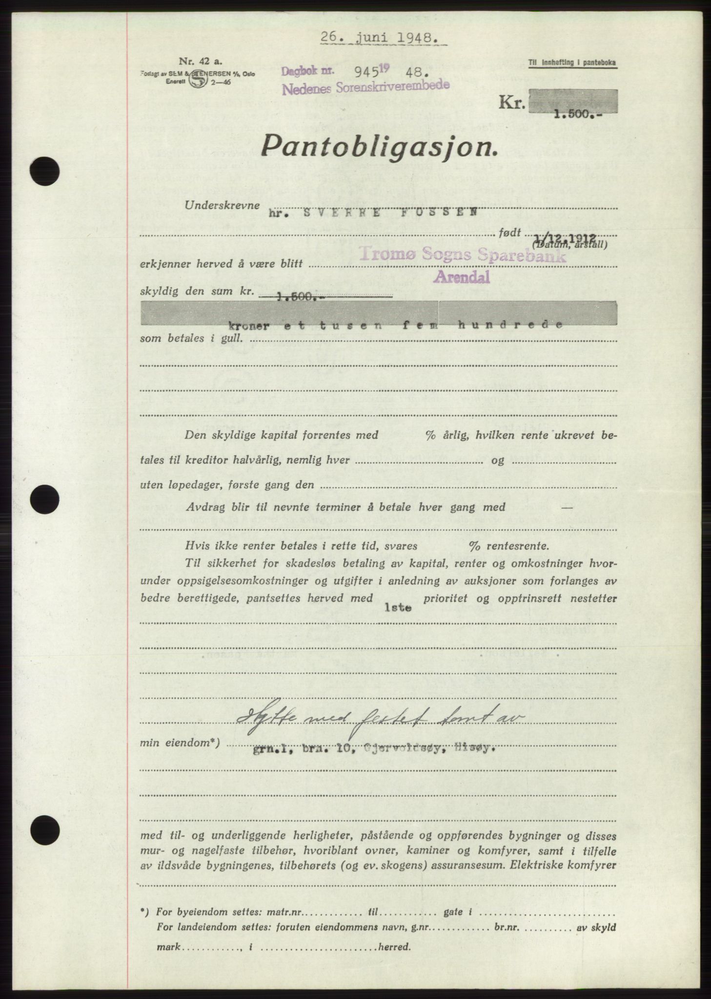 Nedenes sorenskriveri, AV/SAK-1221-0006/G/Gb/Gbb/L0005: Pantebok nr. B5, 1948-1948, Dagboknr: 945/1948