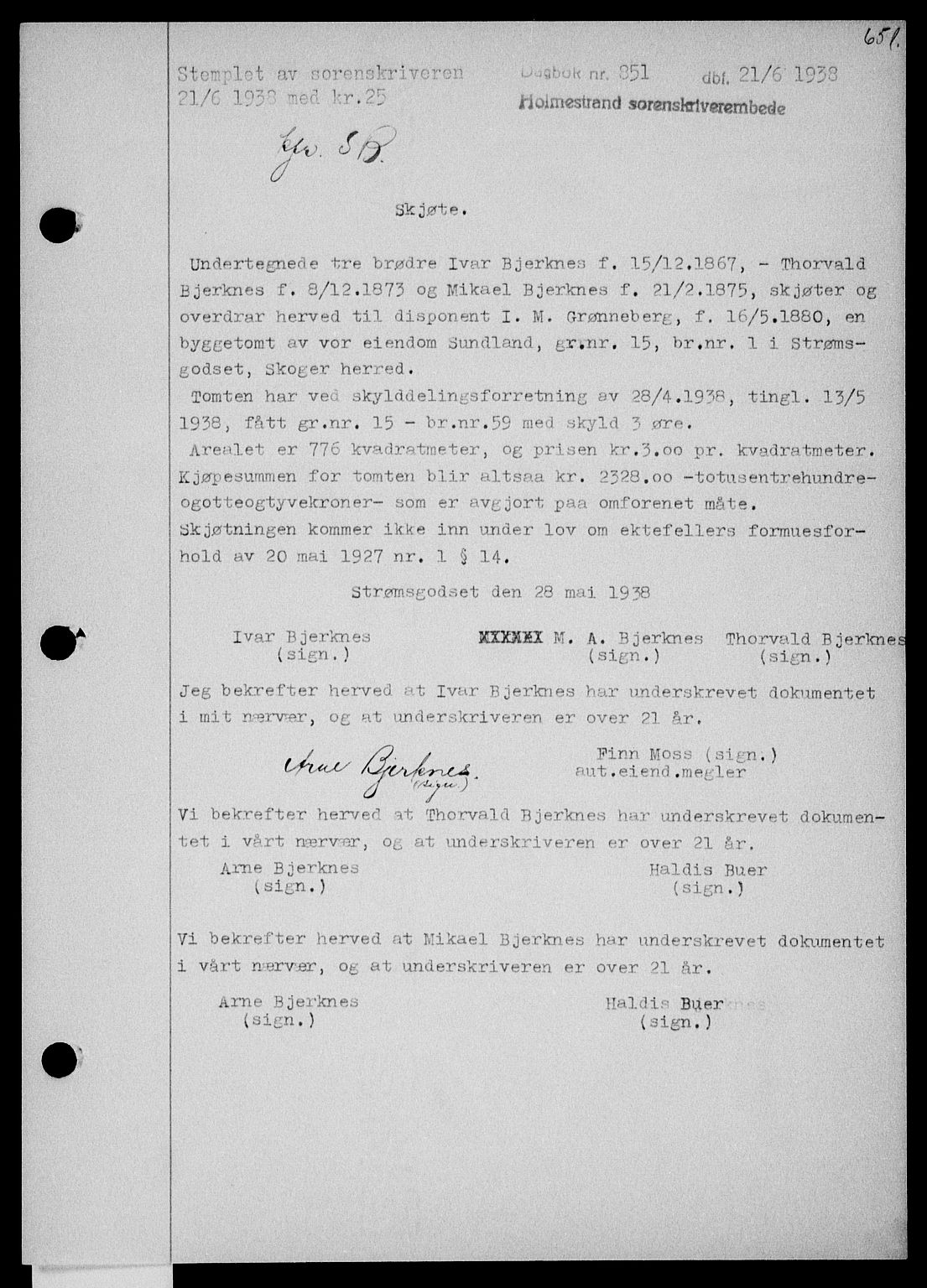 Holmestrand sorenskriveri, SAKO/A-67/G/Ga/Gaa/L0049: Pantebok nr. A-49, 1937-1938, Dagboknr: 851/1938