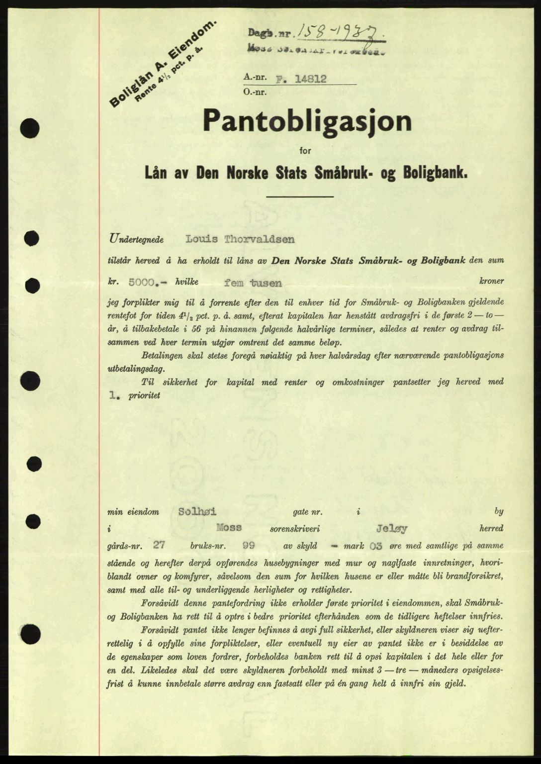 Moss sorenskriveri, SAO/A-10168: Pantebok nr. B3, 1937-1937, Dagboknr: 158/1937