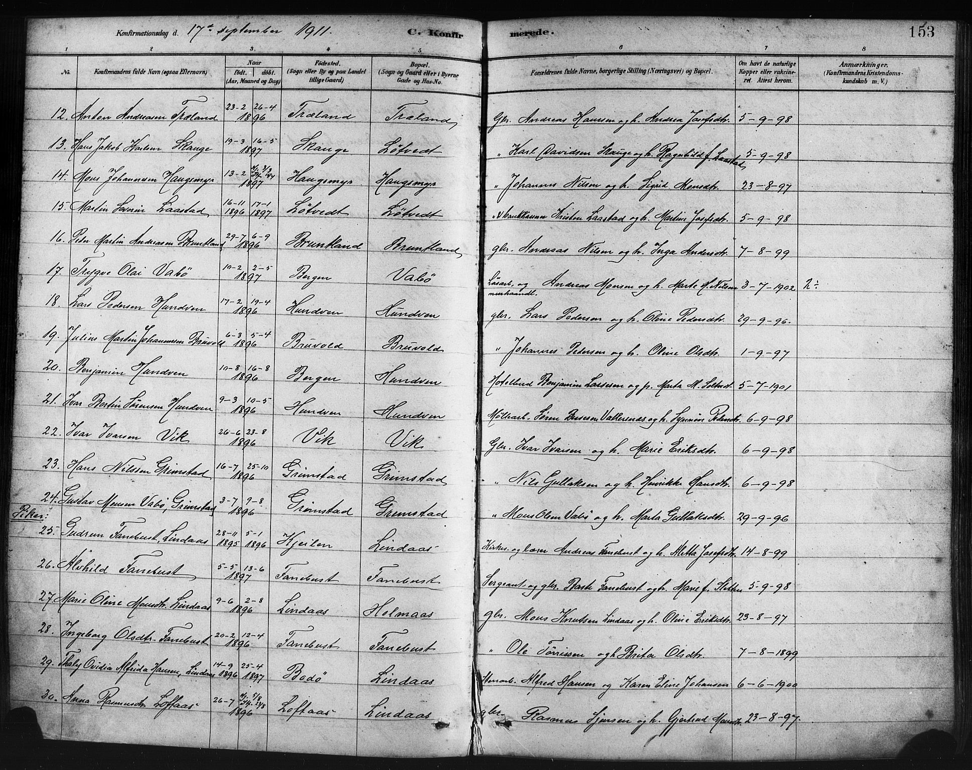 Lindås Sokneprestembete, AV/SAB-A-76701/H/Haa/Haaa/L0019: Ministerialbok nr. A 19, 1878-1912, s. 153