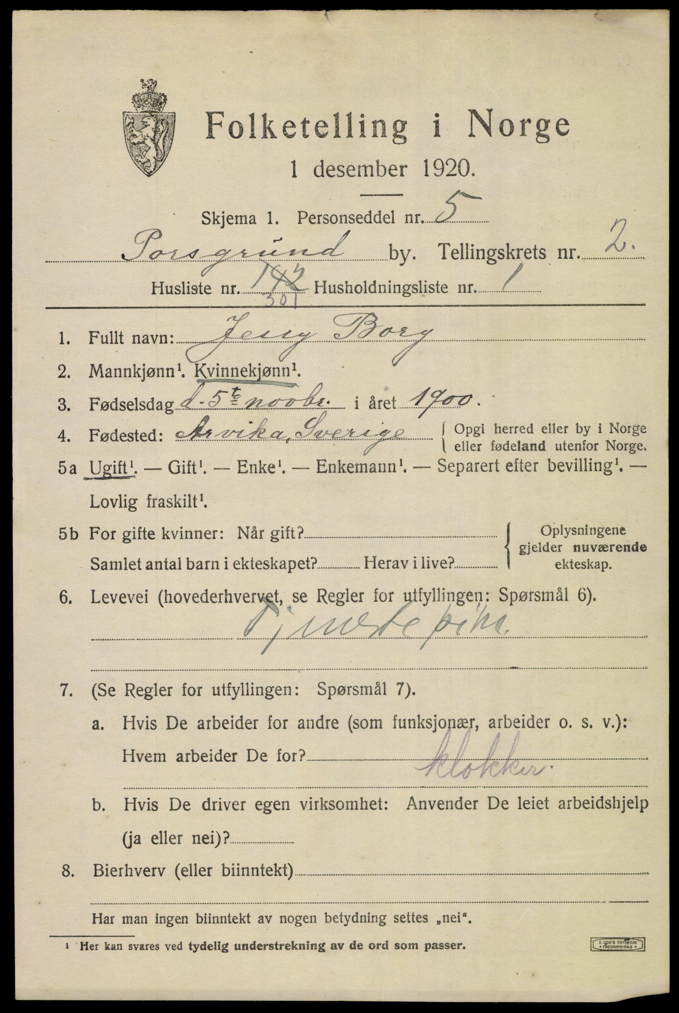 SAKO, Folketelling 1920 for 0805 Porsgrunn kjøpstad, 1920, s. 14443