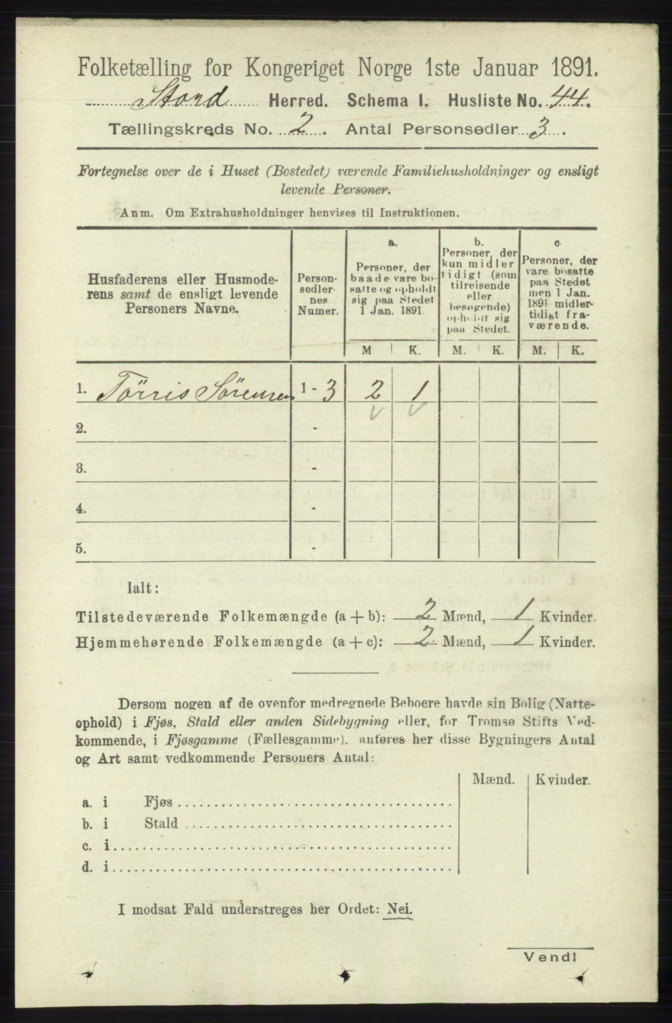 RA, Folketelling 1891 for 1221 Stord herred, 1891, s. 250