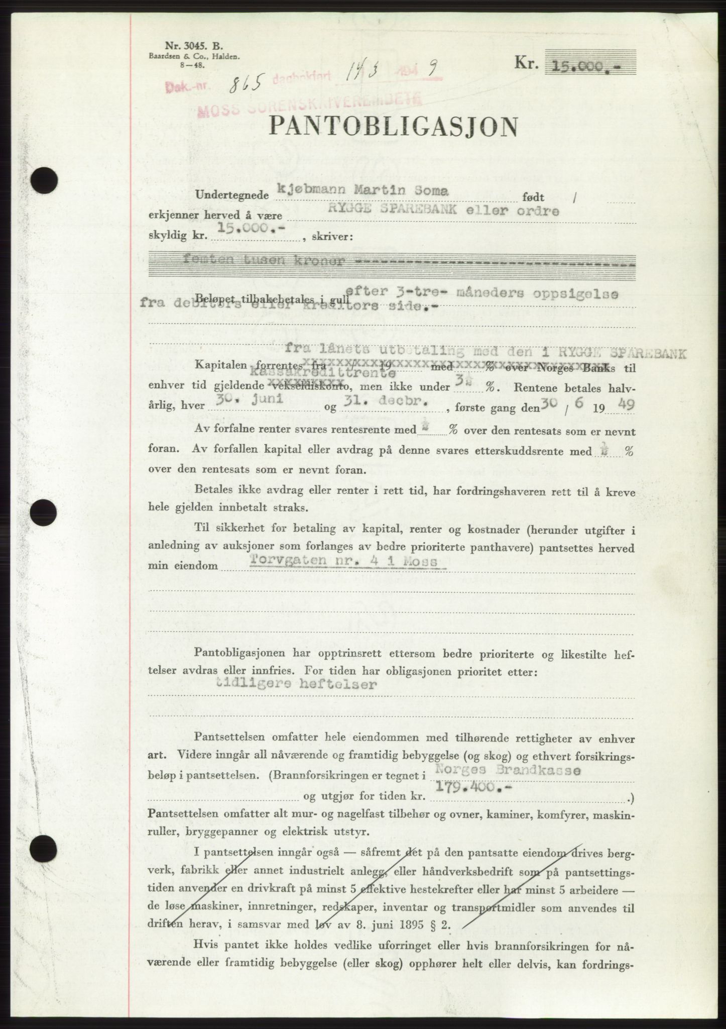 Moss sorenskriveri, SAO/A-10168: Pantebok nr. B21, 1949-1949, Dagboknr: 865/1949