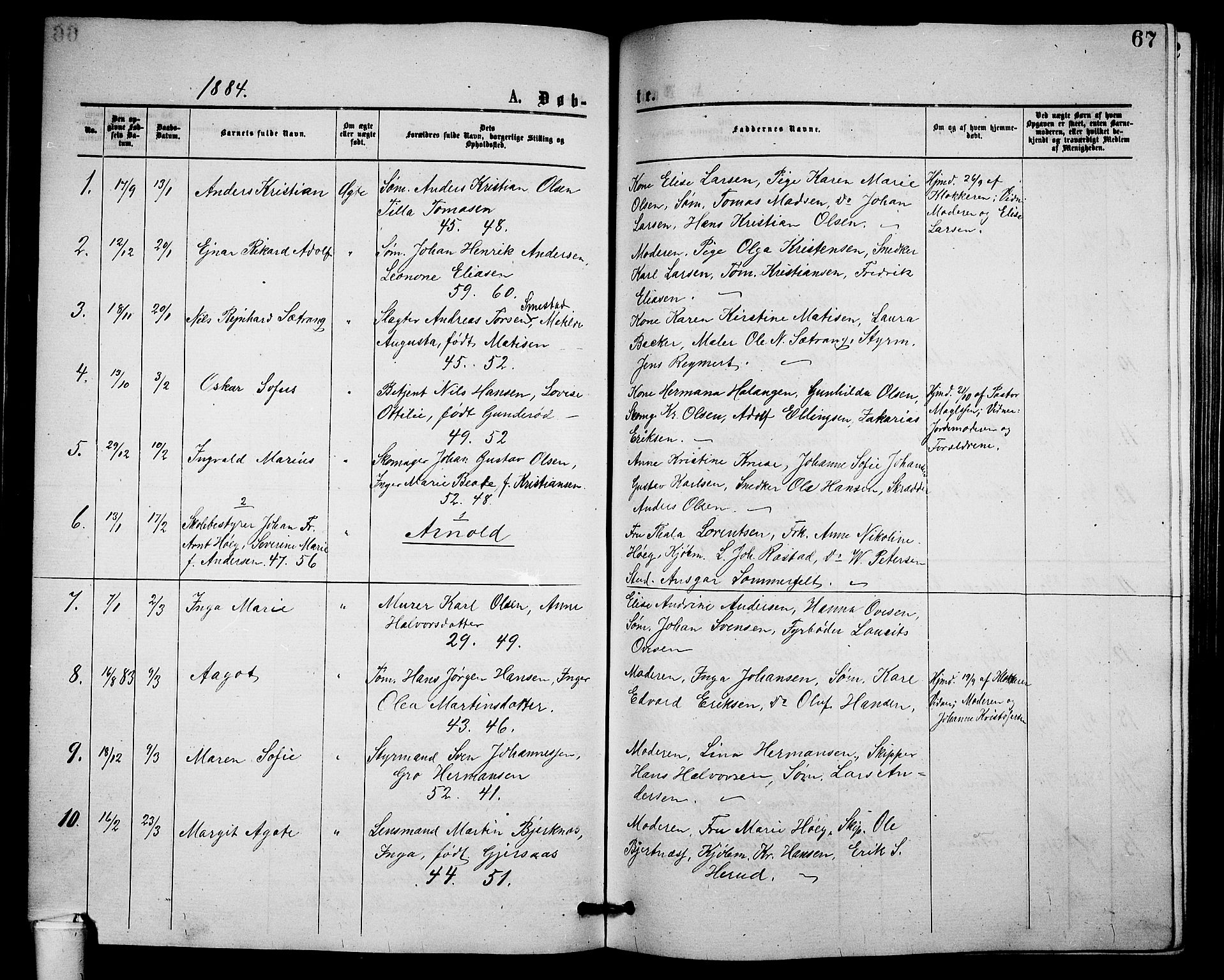 Holmestrand kirkebøker, AV/SAKO-A-346/G/Ga/L0004: Klokkerbok nr. 4, 1874-1888, s. 67