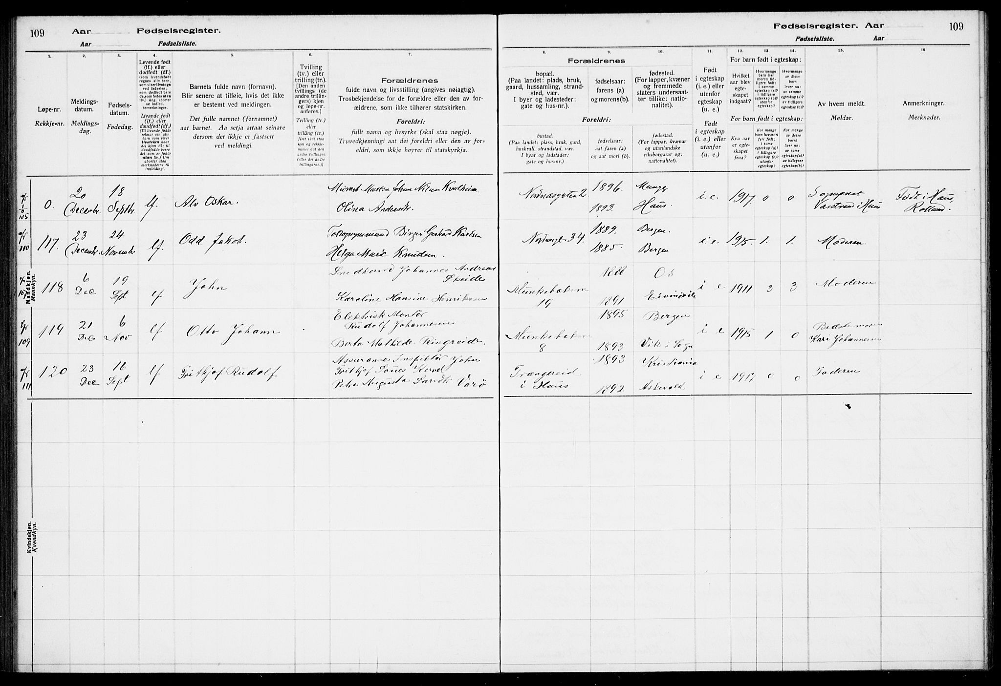 Nykirken Sokneprestembete, SAB/A-77101/I/Id/L00A1: Fødselsregister nr. A 1, 1916-1922, s. 109