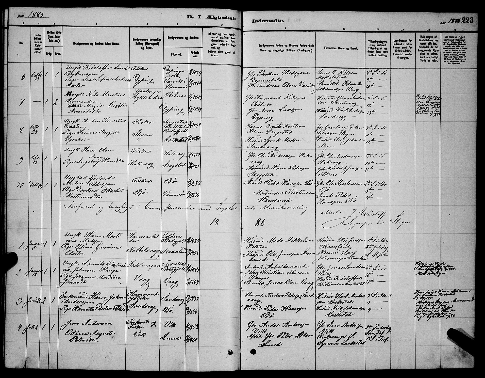Ministerialprotokoller, klokkerbøker og fødselsregistre - Nordland, SAT/A-1459/855/L0816: Klokkerbok nr. 855C05, 1879-1894, s. 223