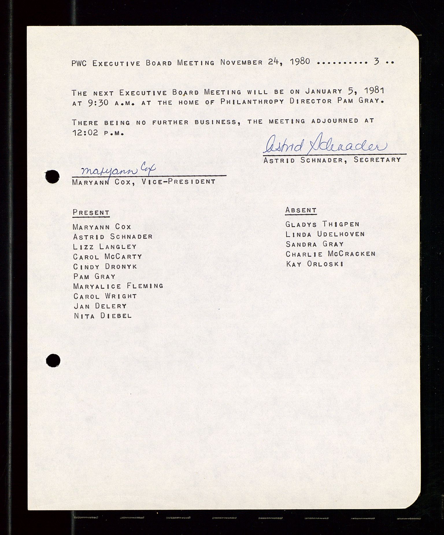 PA 1547 - Petroleum Wives Club, AV/SAST-A-101974/A/Aa/L0001: Board and General Meeting, 1970-1983