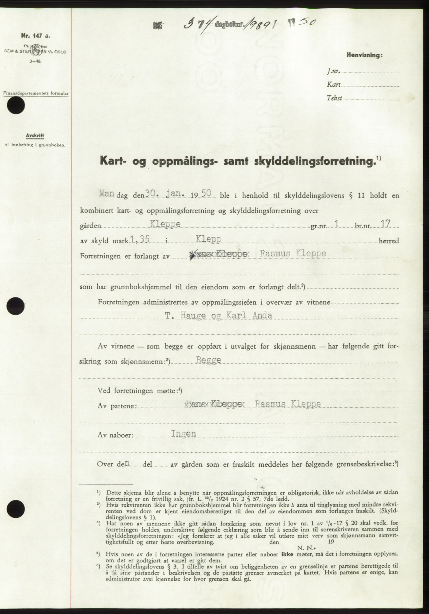 Jæren sorenskriveri, SAST/A-100310/03/G/Gba/L0107: Pantebok, 1950-1950, Dagboknr: 1989/1950