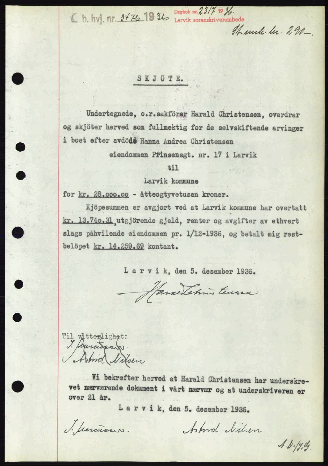 Larvik sorenskriveri, SAKO/A-83/G/Ga/Gab/L0067: Pantebok nr. A-1, 1936-1937, Dagboknr: 2317/1936