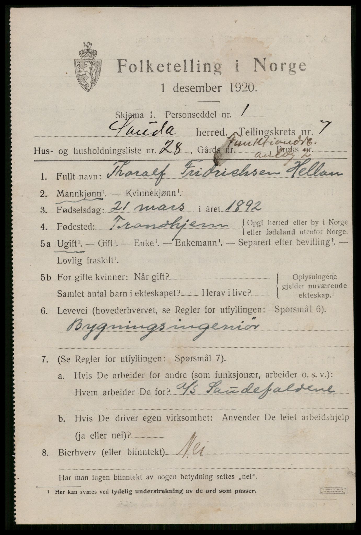 SAST, Folketelling 1920 for 1135 Sauda herred, 1920, s. 4508