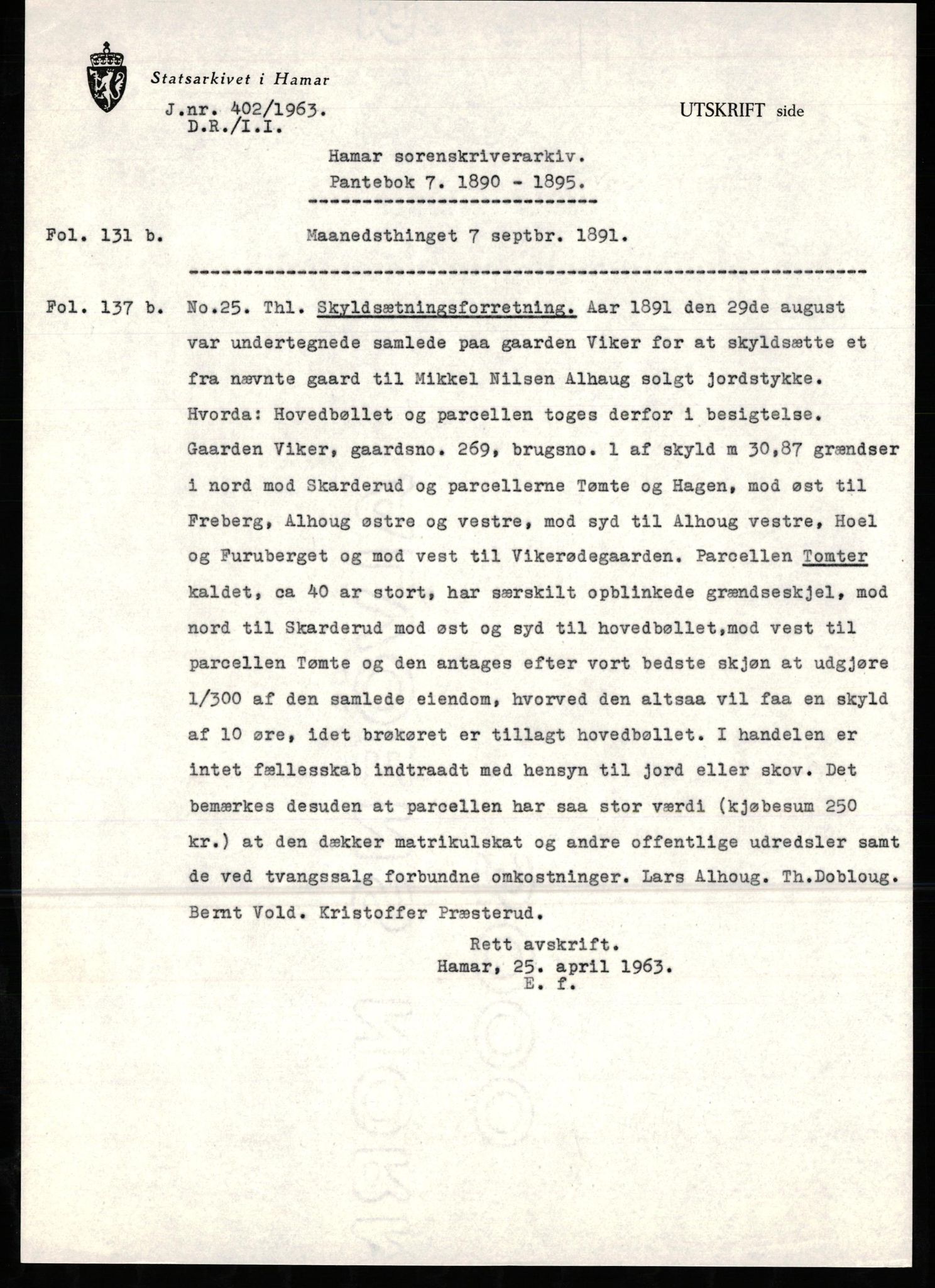 Avskriftssamlingen ved Statsarkivet i Hamar, SAH/AVSKRIFT-001/H/Hm/Hma/L0007: Pantebok for Hamar sorenskriveri, 1890-1895