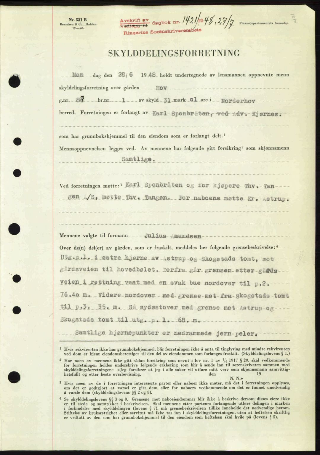 Ringerike sorenskriveri, SAKO/A-105/G/Ga/Gab/L0088: Pantebok nr. A-19, 1948-1948, Dagboknr: 1421/1948