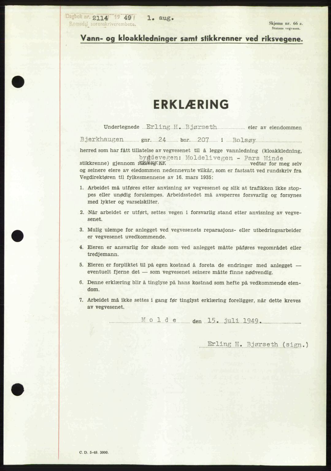 Romsdal sorenskriveri, SAT/A-4149/1/2/2C: Pantebok nr. A30, 1949-1949, Dagboknr: 2114/1949