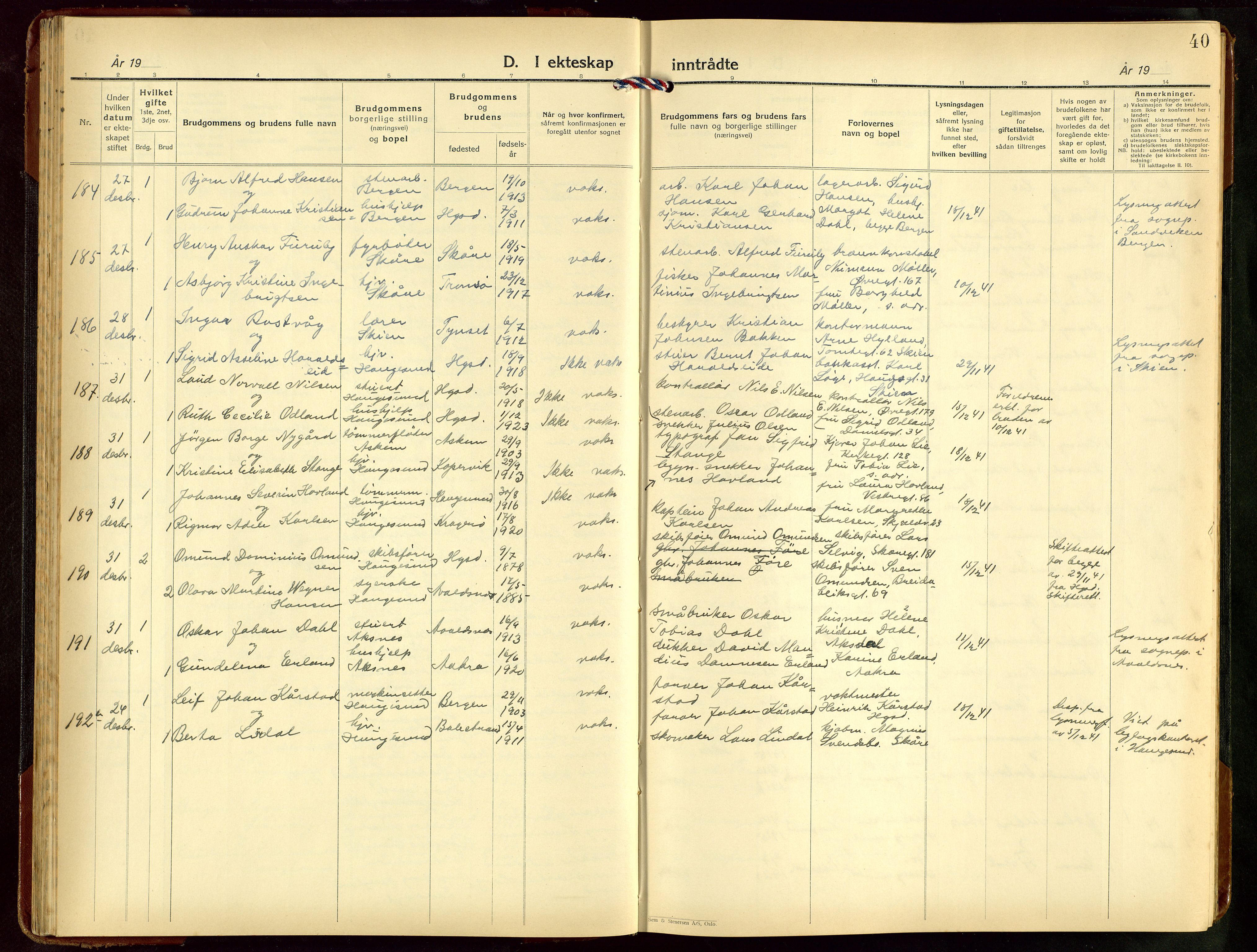 Haugesund sokneprestkontor, SAST/A -101863/H/Ha/Hab/L0014: Klokkerbok nr. B 14, 1940-1952, s. 40