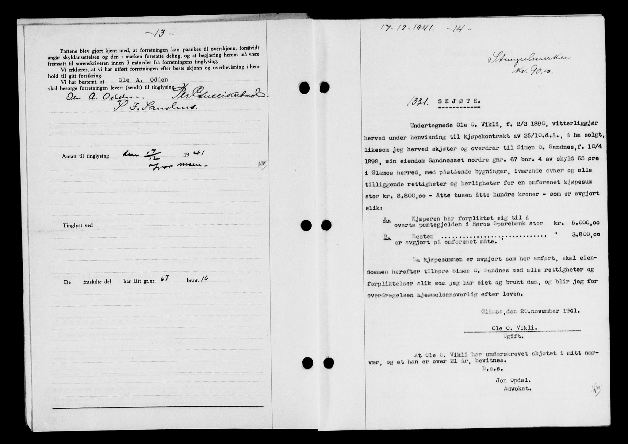 Gauldal sorenskriveri, SAT/A-0014/1/2/2C/L0054: Pantebok nr. 59, 1941-1942, Dagboknr: 1331/1941
