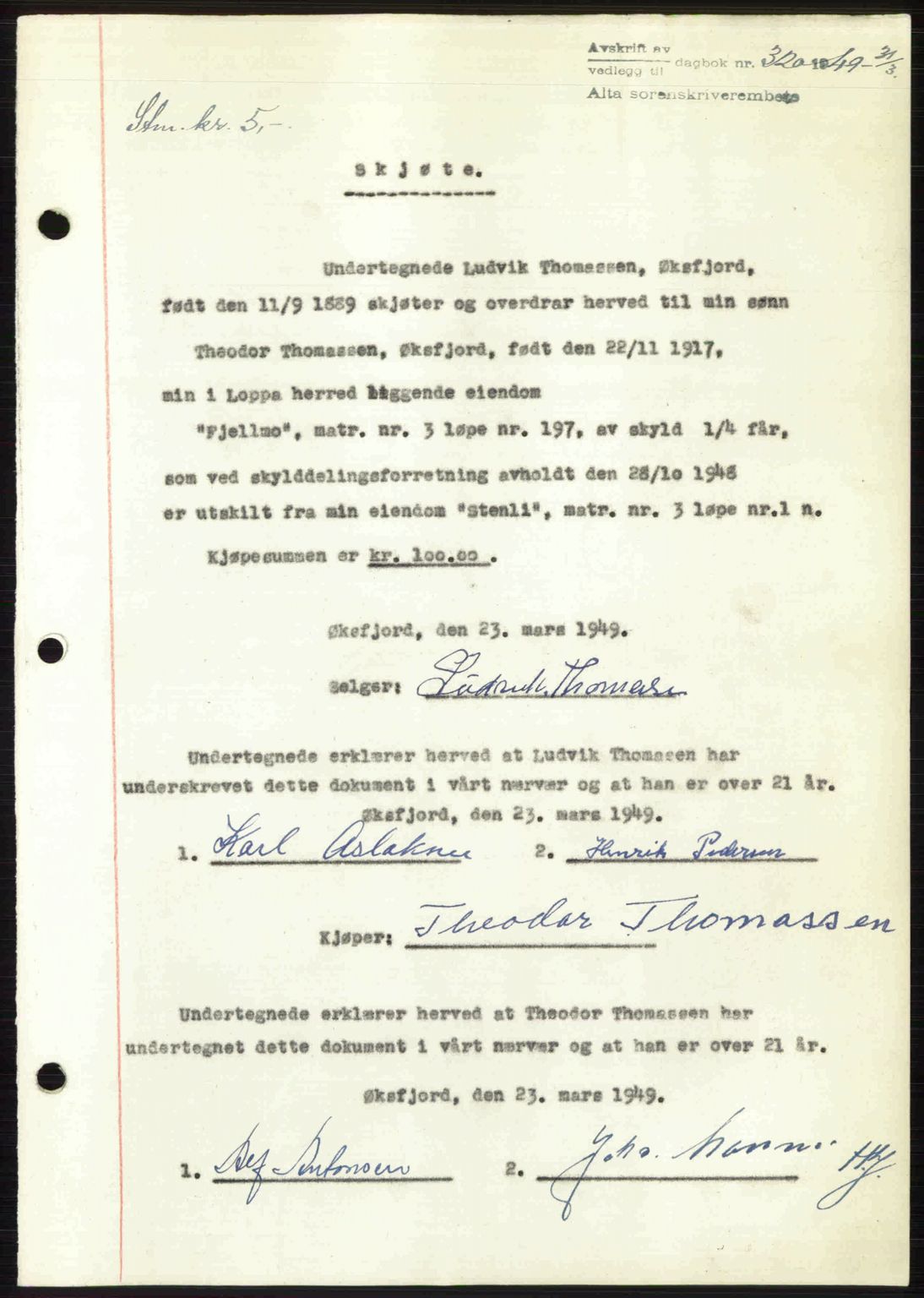 Alta fogderi/sorenskriveri, SATØ/SATØ-5/1/K/Kd/L0037pantebok: Pantebok nr. 39-40, 1948-1949, Dagboknr: 320/1949