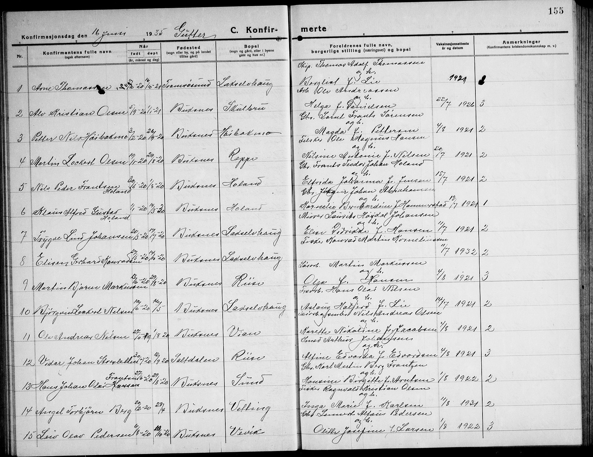 Ministerialprotokoller, klokkerbøker og fødselsregistre - Nordland, AV/SAT-A-1459/881/L1170: Klokkerbok nr. 881C07, 1930-1943, s. 155