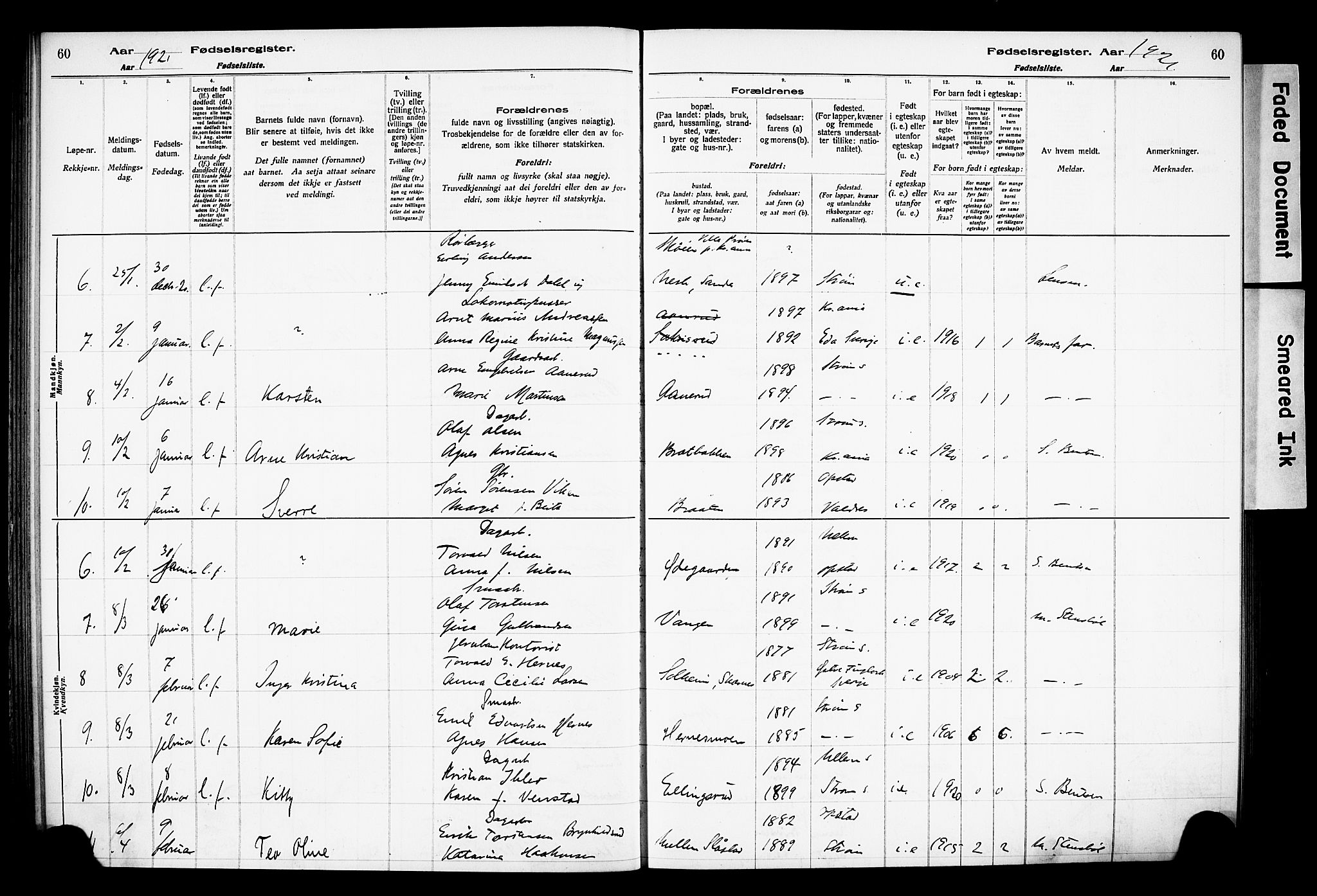 Sør-Odal prestekontor, AV/SAH-PREST-030/I/Id: Fødselsregister nr. 1, 1916-1931, s. 60