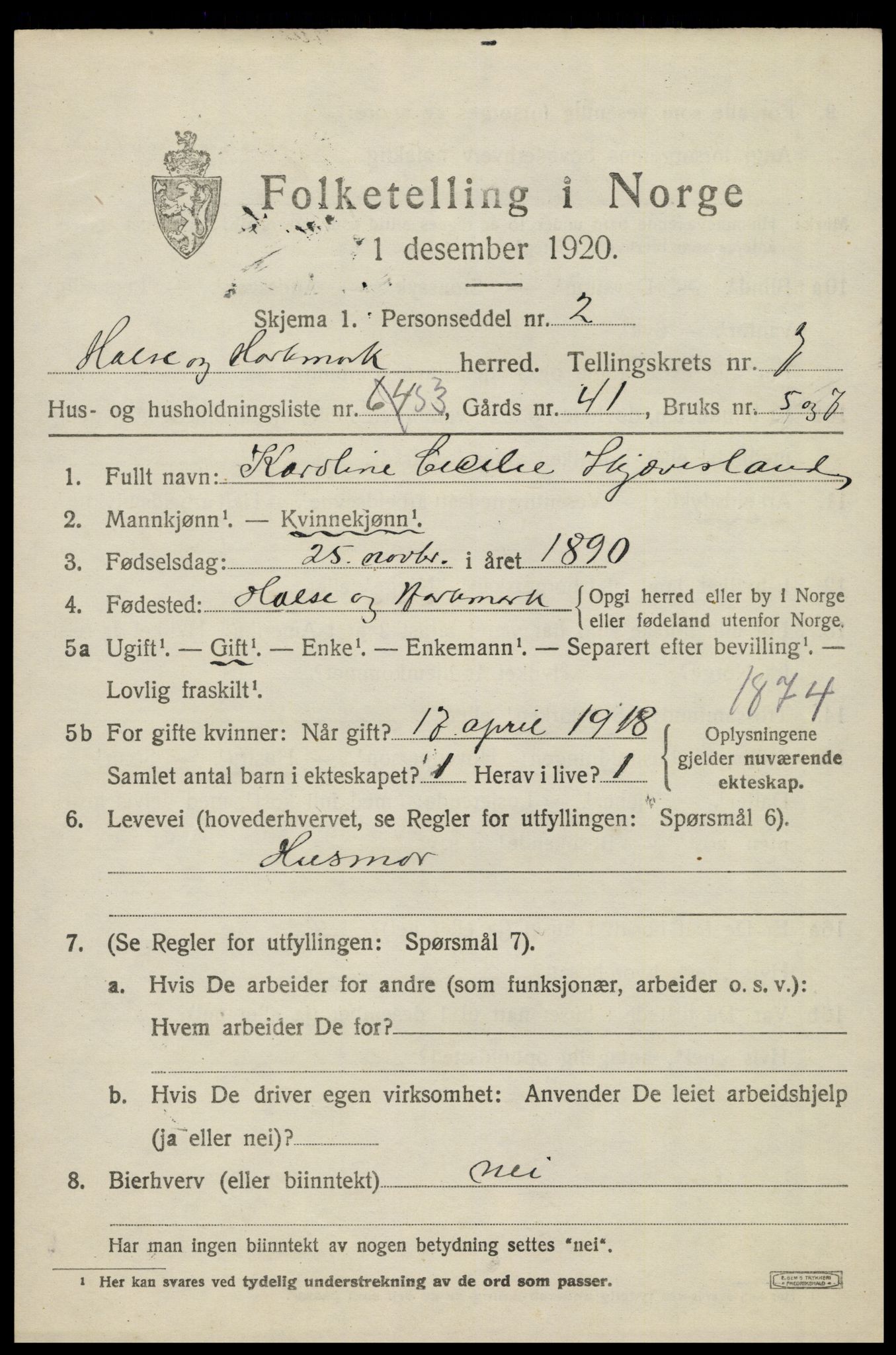 SAK, Folketelling 1920 for 1019 Halse og Harkmark herred, 1920, s. 4263