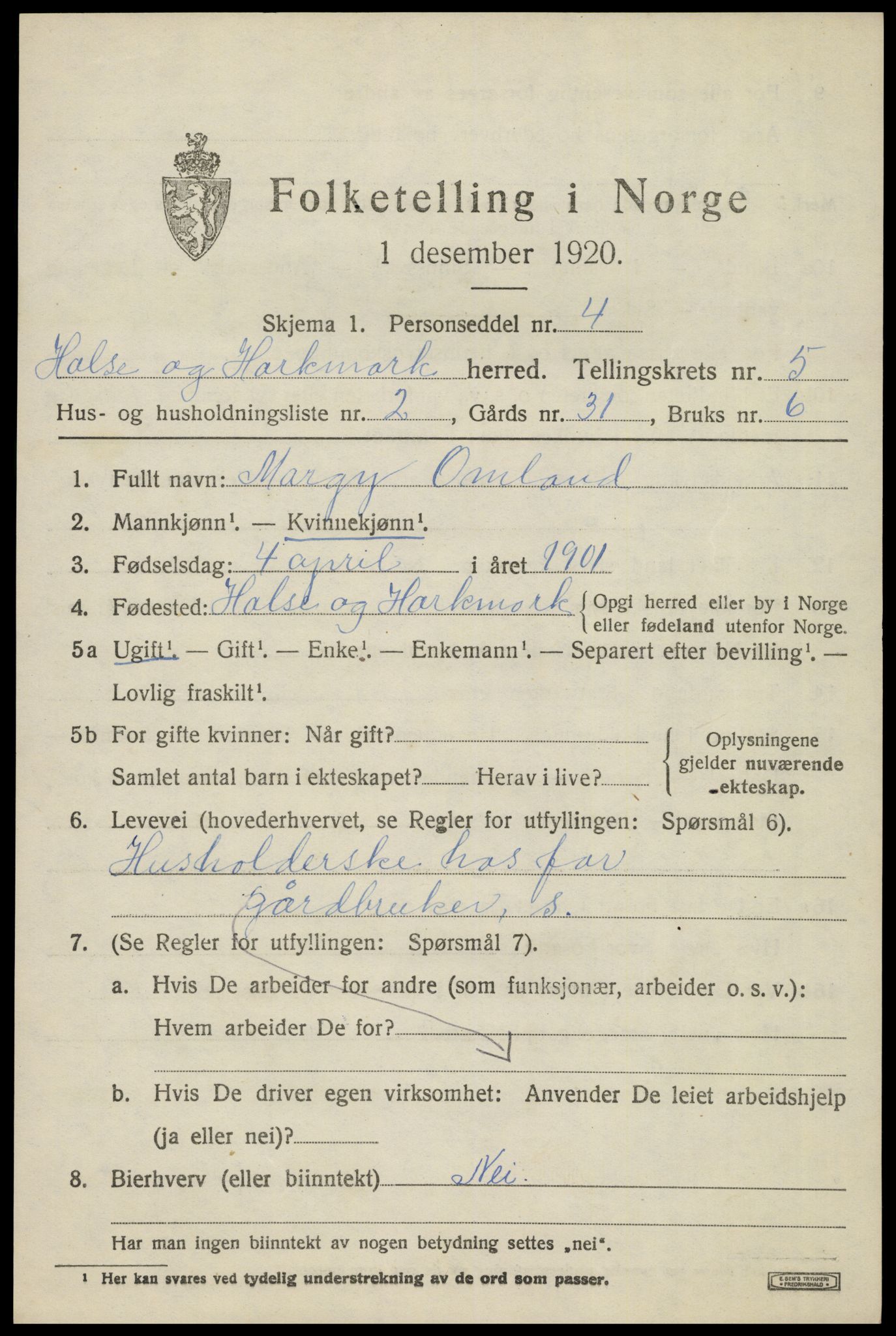 SAK, Folketelling 1920 for 1019 Halse og Harkmark herred, 1920, s. 3060