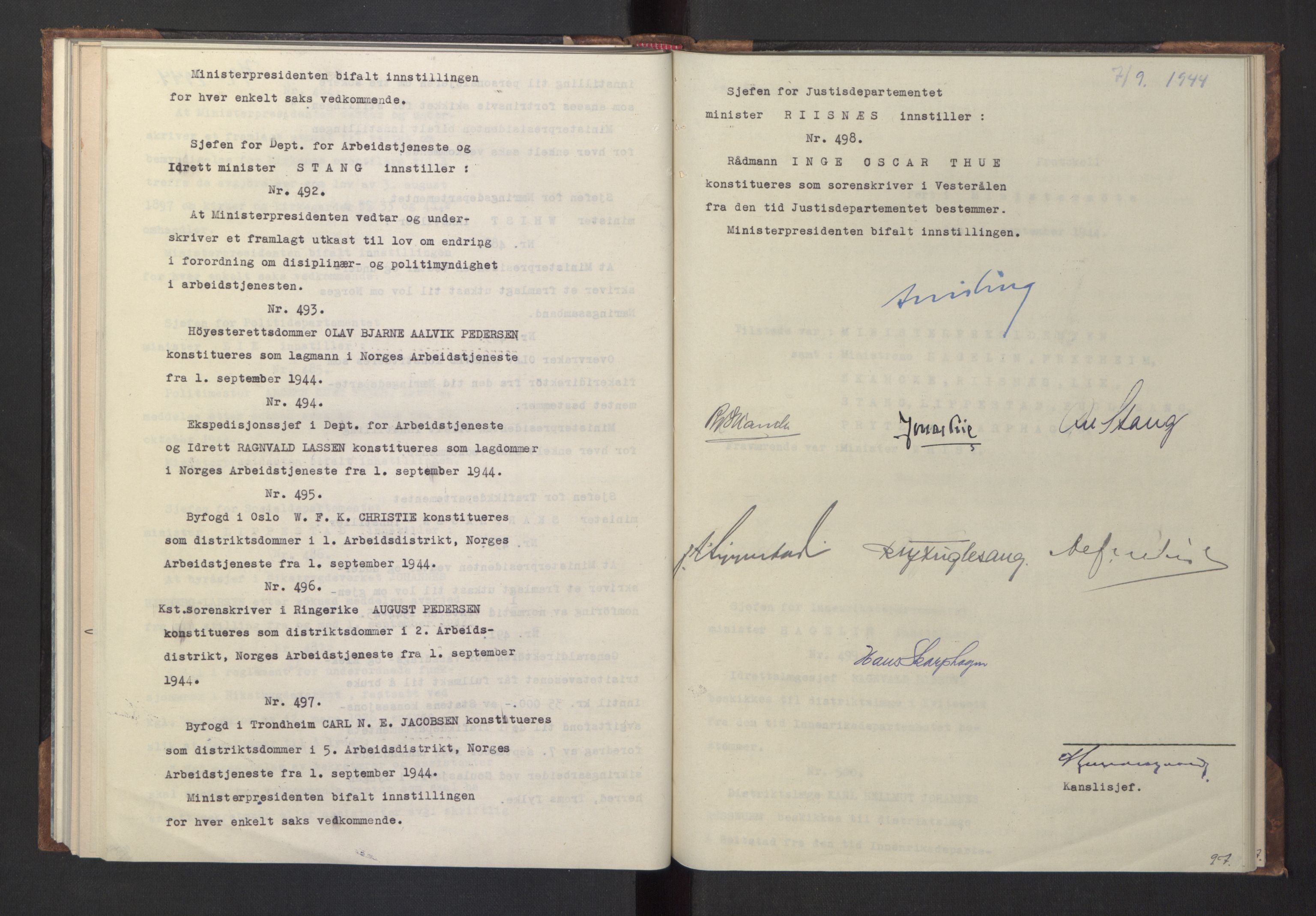 NS-administrasjonen 1940-1945 (Statsrådsekretariatet, de kommisariske statsråder mm), AV/RA-S-4279/D/Da/L0005: Protokoll fra ministermøter, 1944, s. 99