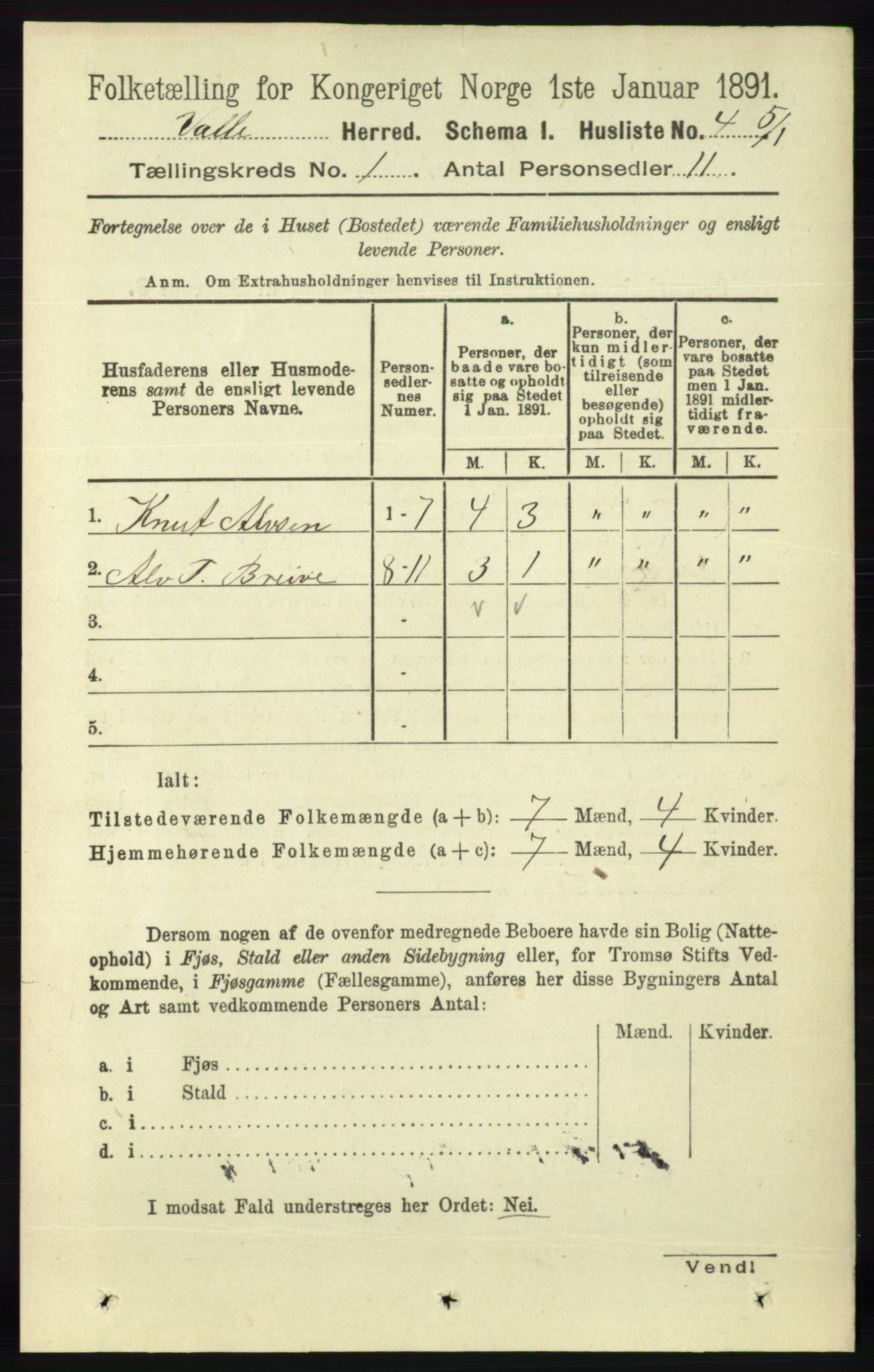 RA, Folketelling 1891 for 0940 Valle herred, 1891, s. 28