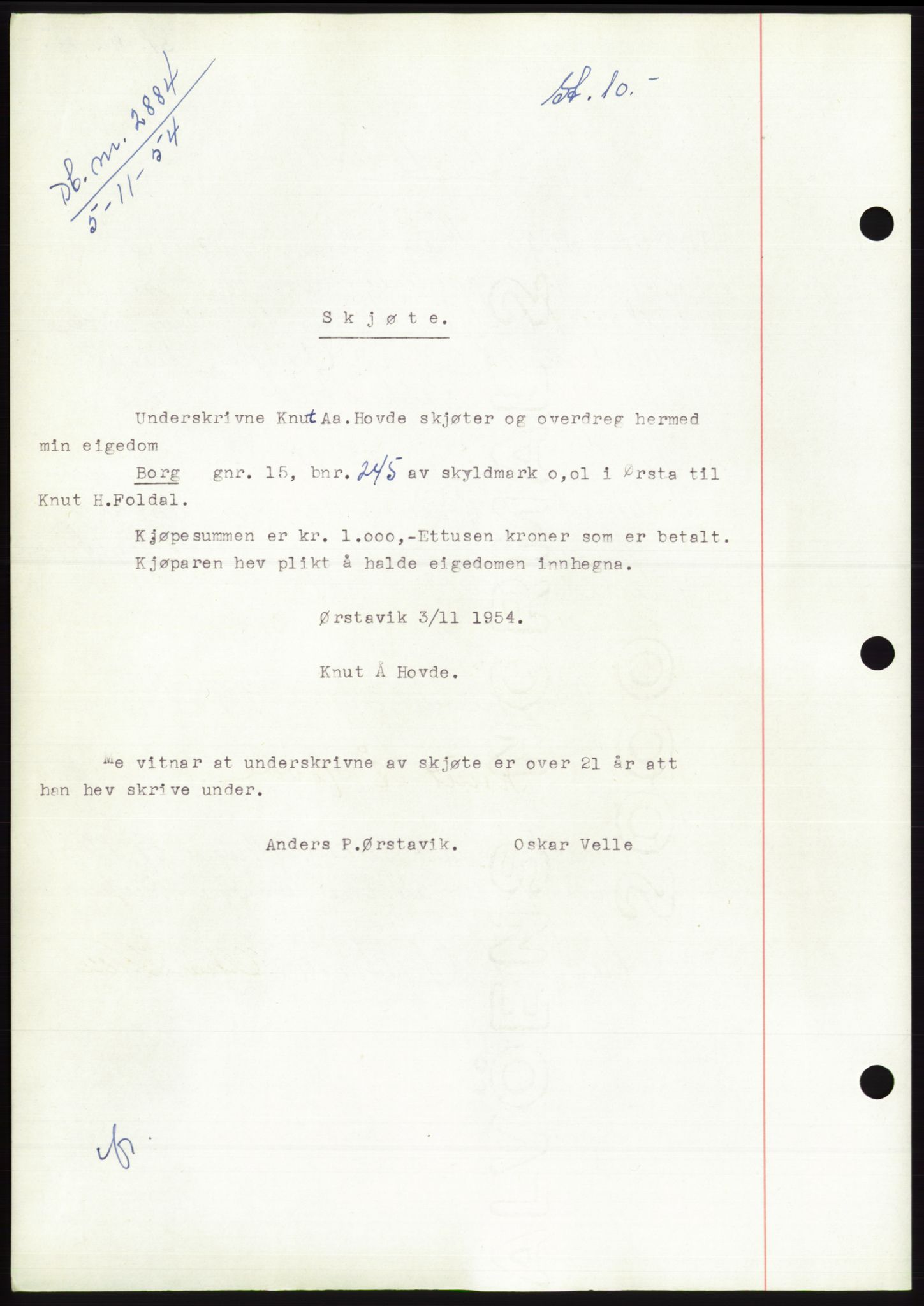 Søre Sunnmøre sorenskriveri, AV/SAT-A-4122/1/2/2C/L0099: Pantebok nr. 25A, 1954-1954, Dagboknr: 2884/1954