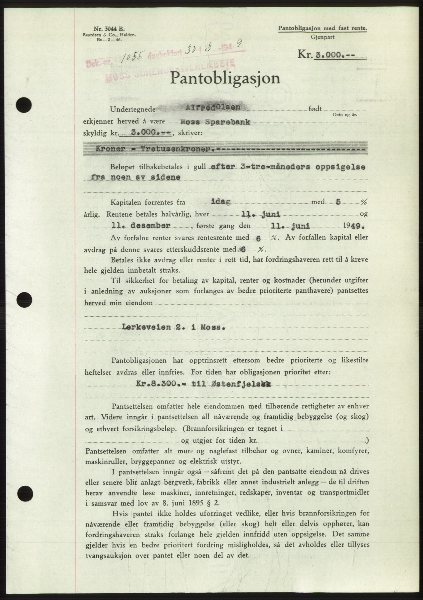 Moss sorenskriveri, SAO/A-10168: Pantebok nr. B21, 1949-1949, Dagboknr: 1055/1949