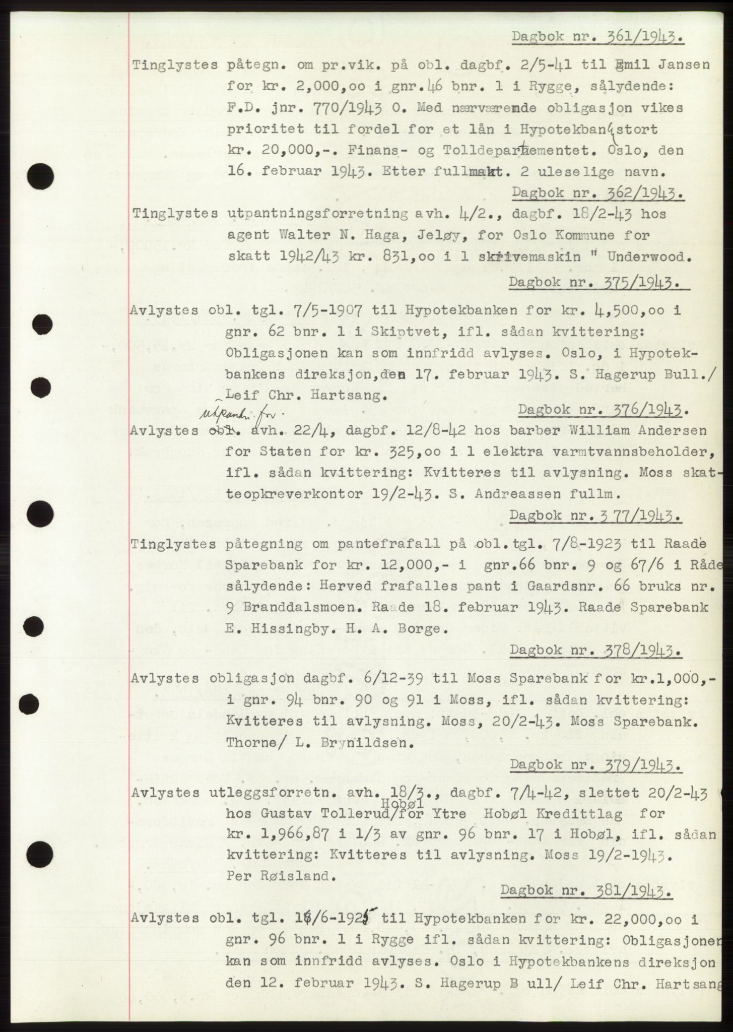Moss sorenskriveri, SAO/A-10168: Pantebok nr. C10, 1938-1950, Dagboknr: 361/1943