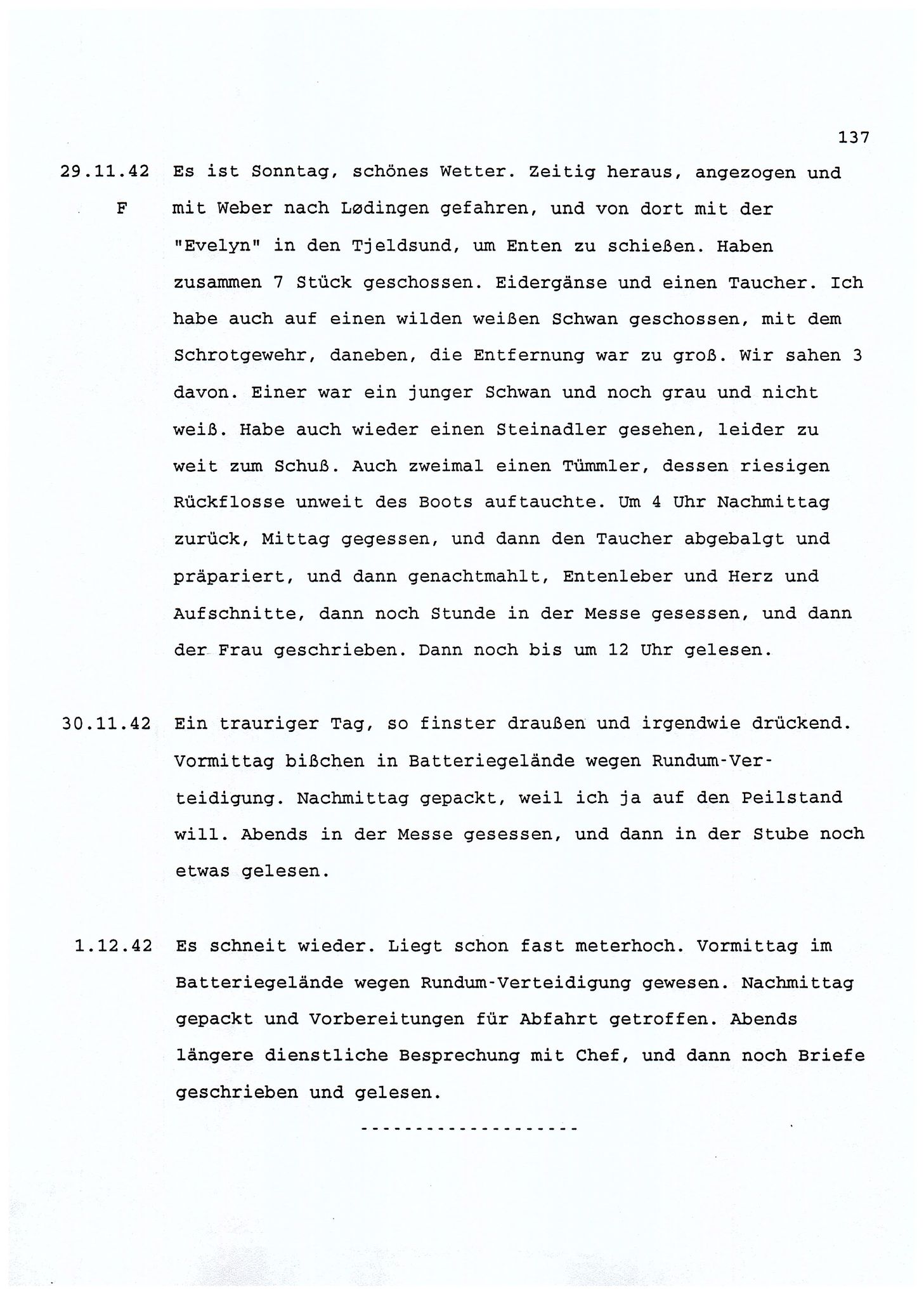 Dagbokopptegnelser av en tysk marineoffiser stasjonert i Norge , FMFB/A-1160/F/L0001: Dagbokopptegnelser av en tysk marineoffiser stasjonert i Norge, 1941-1944, s. 137