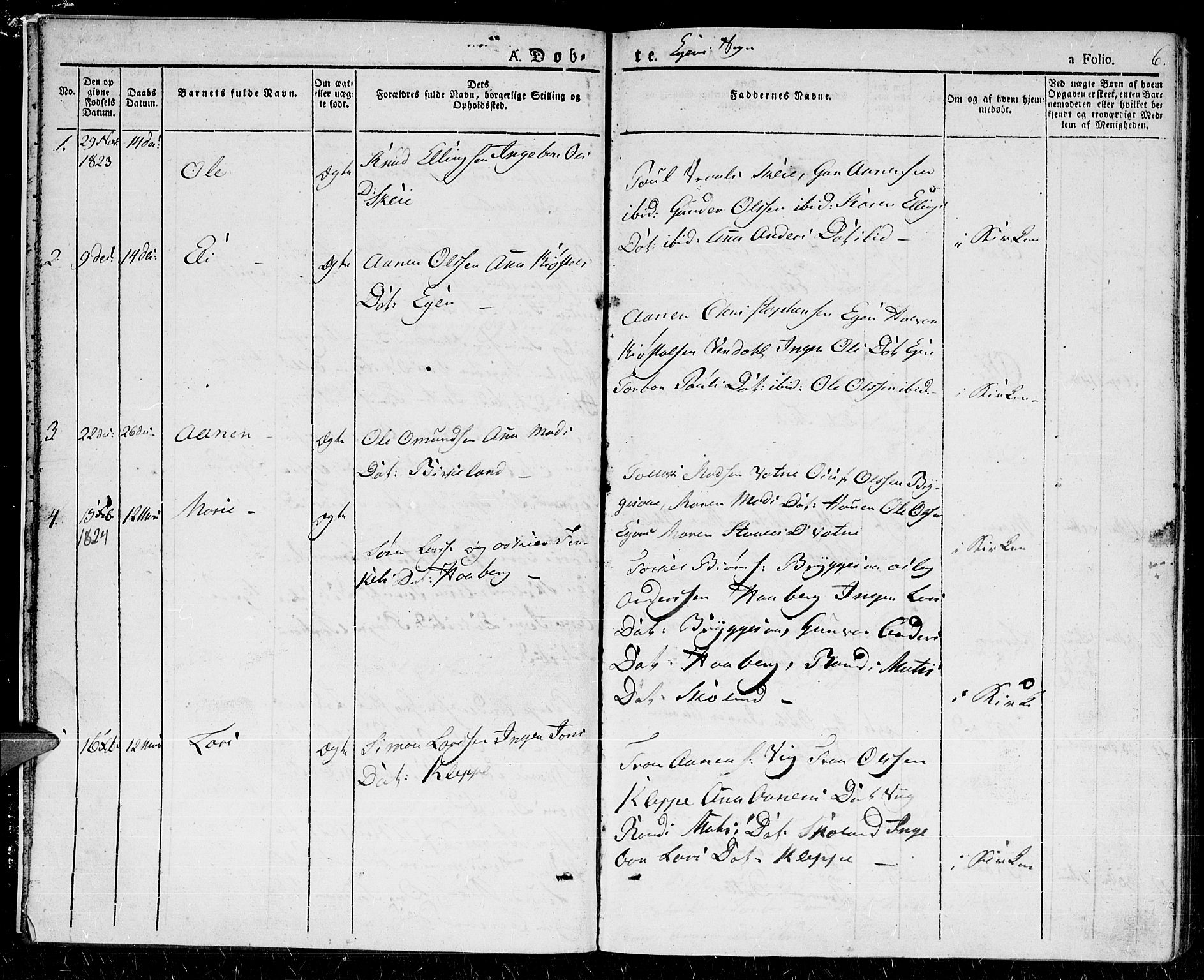 Hægebostad sokneprestkontor, AV/SAK-1111-0024/F/Fa/Fab/L0001: Ministerialbok nr. A 1, 1823-1867, s. 6