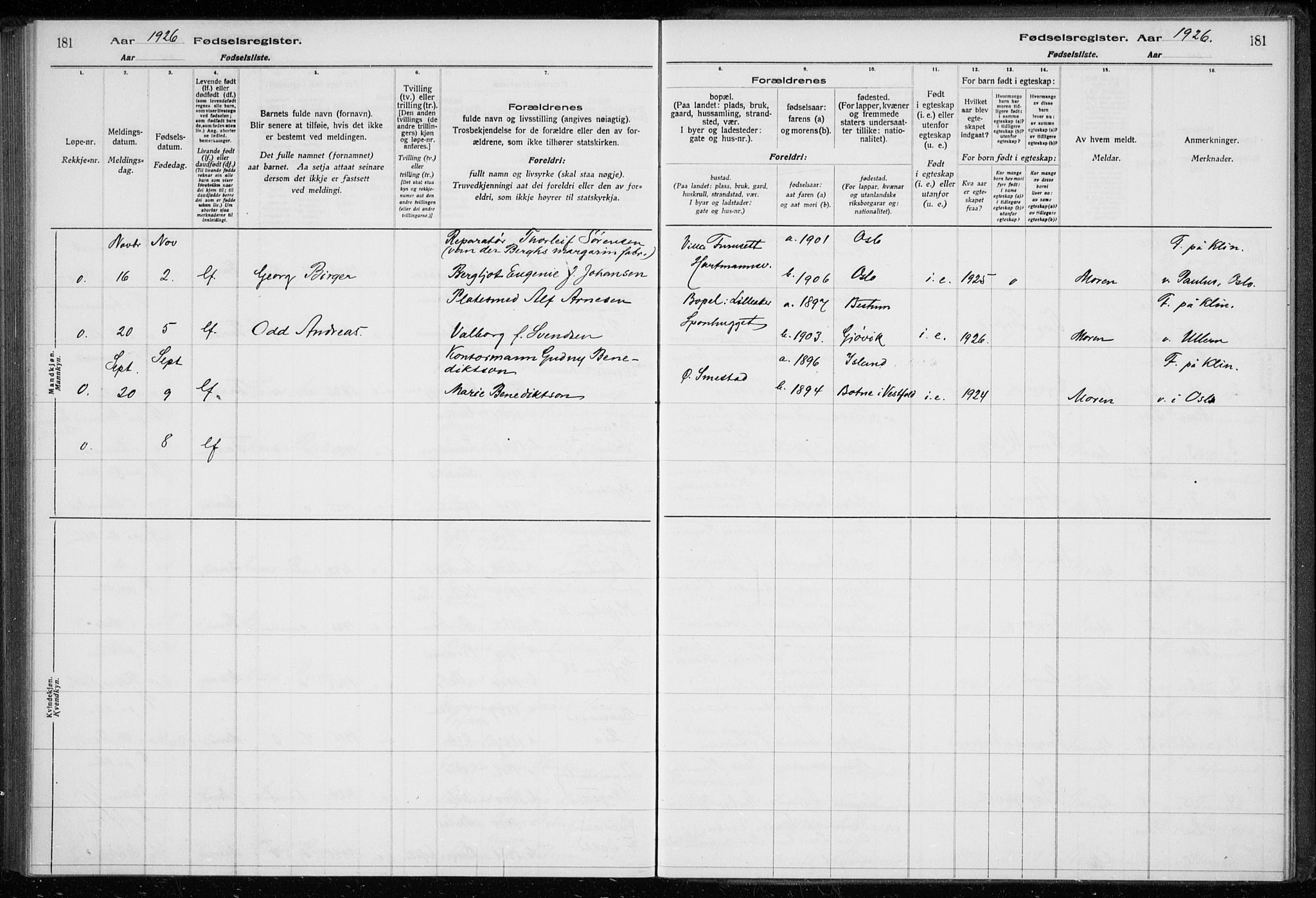 Ullern prestekontor Kirkebøker, AV/SAO-A-10740/J/L0001: Fødselsregister nr. 1, 1916-1928, s. 181