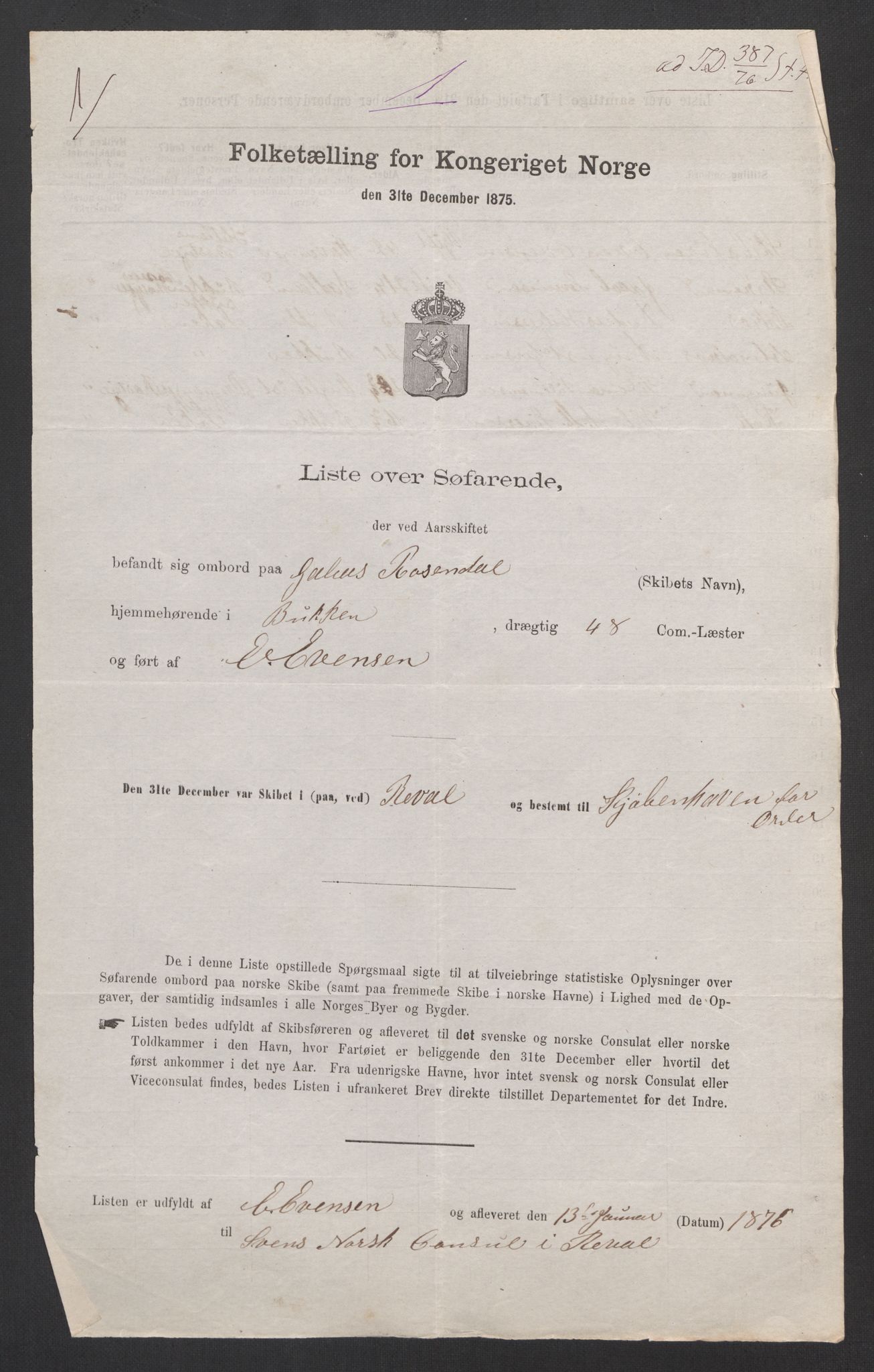 RA, Folketelling 1875, skipslister: Skip i utenrikske havner, hjemmehørende i 1) byer og ladesteder, Grimstad - Tromsø, 2) landdistrikter, 1875, s. 1136